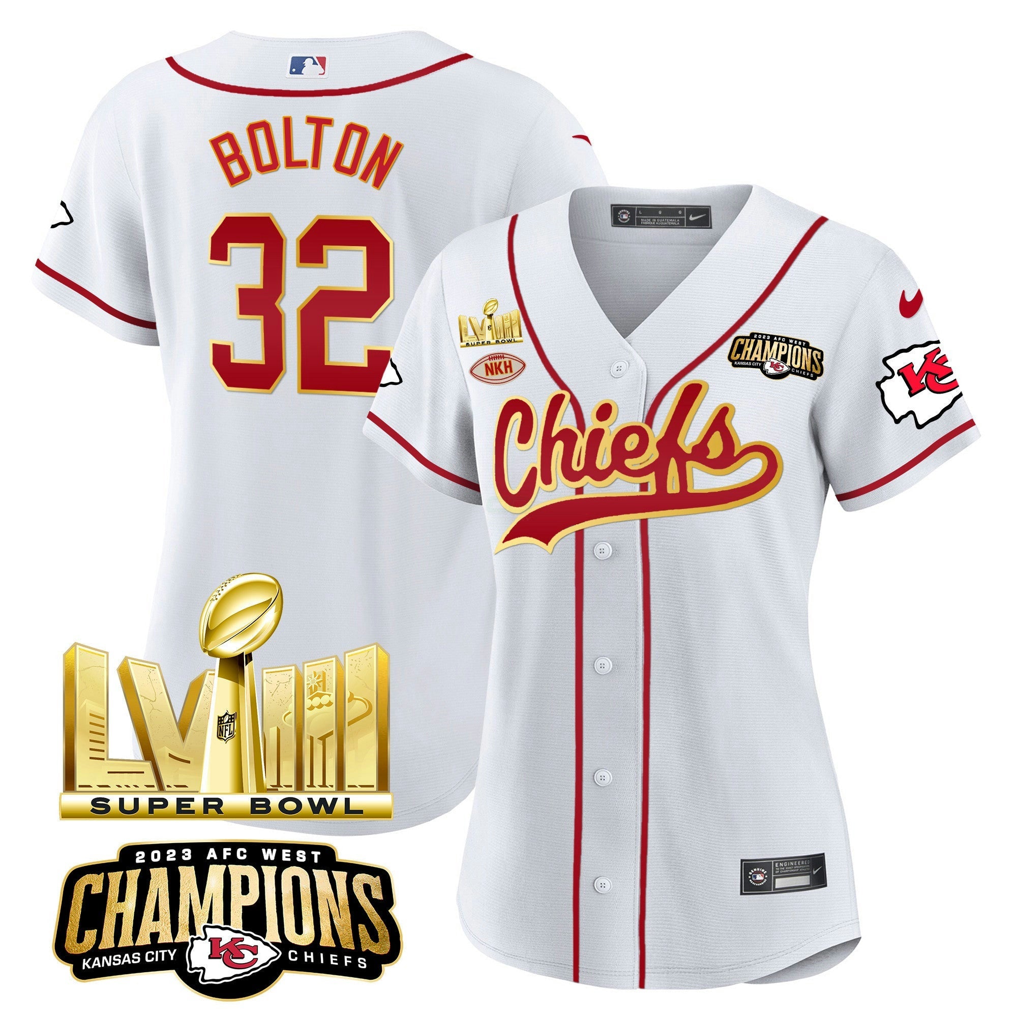 Camisa NFL Women’s AFC West Champions & Super Bowl LVIII Dourada Patch Jersey