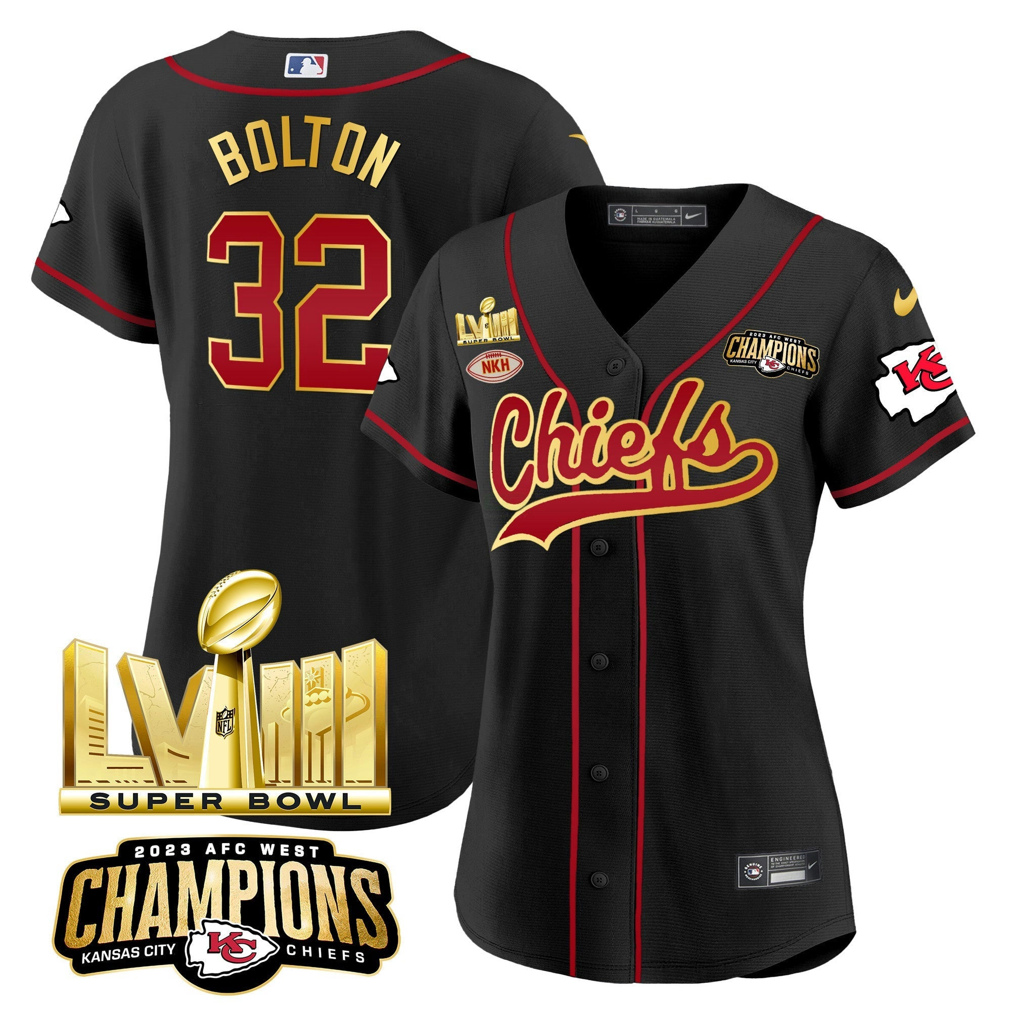 Camisa NFL Women’s AFC West Champions & Super Bowl LVIII Dourada Patch Jersey