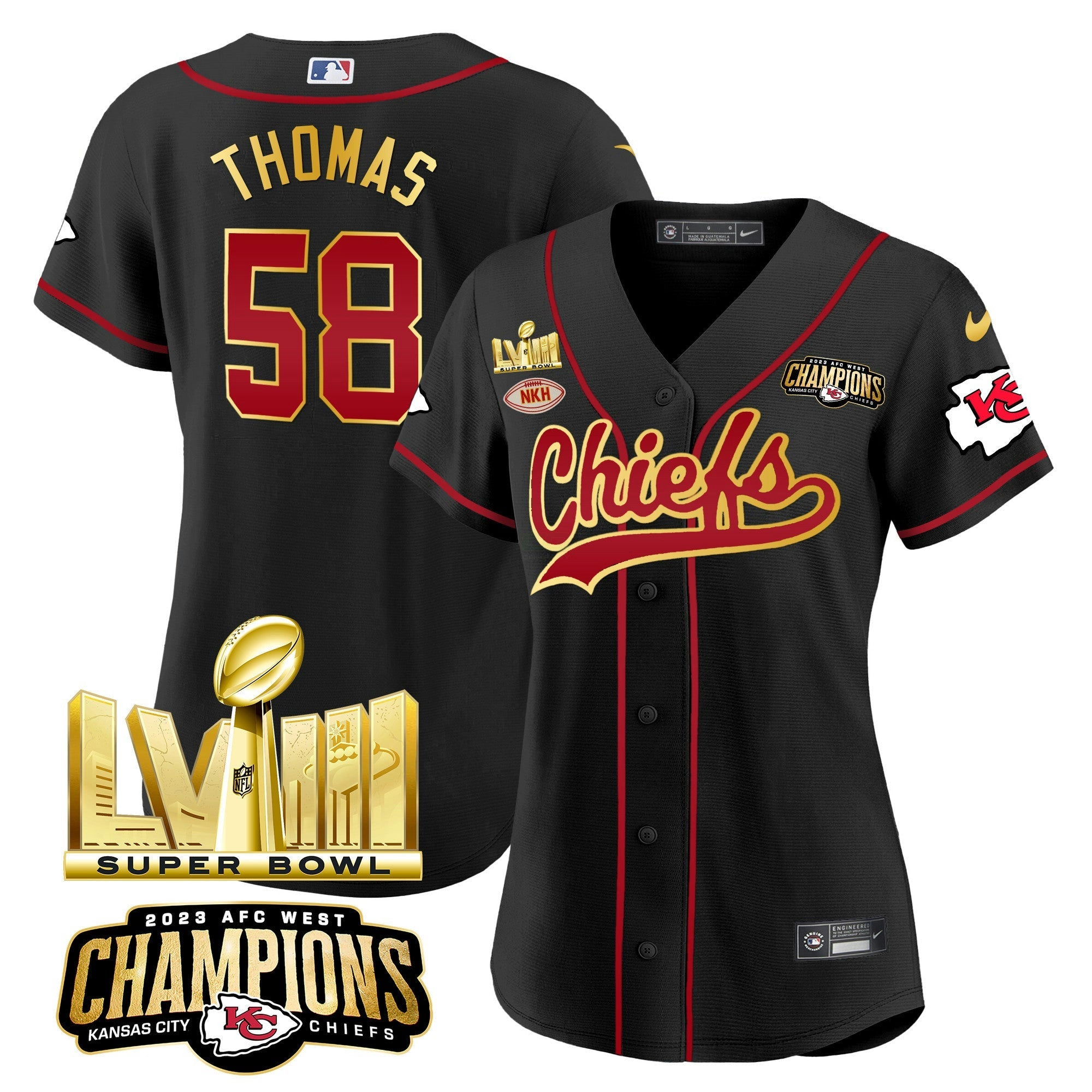 Camisa NFL Women’s AFC West Champions & Super Bowl LVIII Dourada Patch Jersey