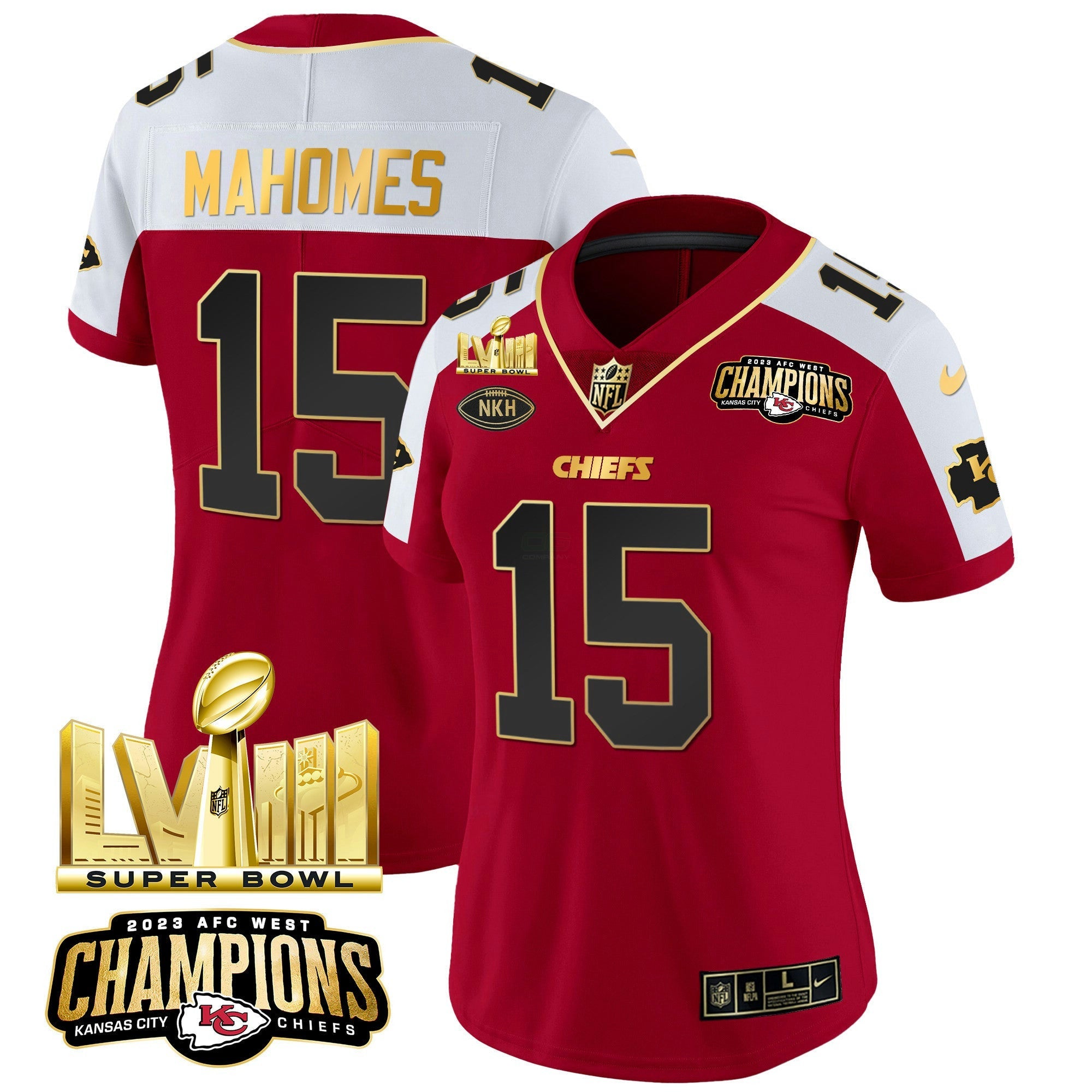 Camisa NFL Women’s AFC West Champions & Super Bowl LVIII Dourada Patch Vapor Jersey