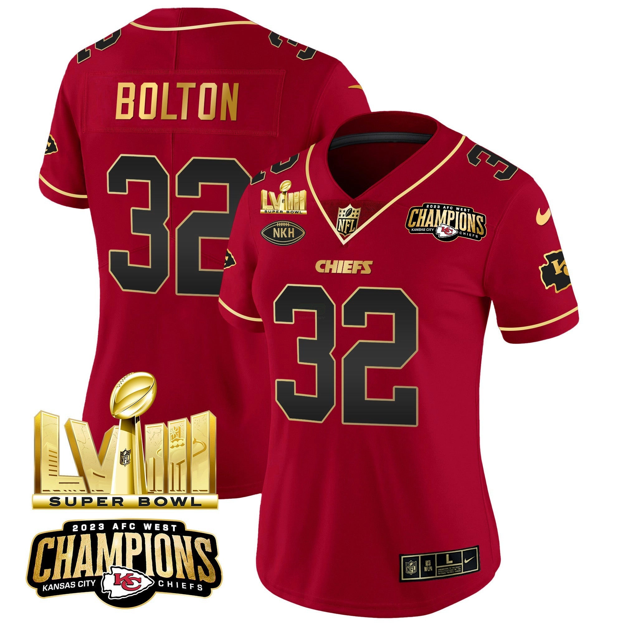 Camisa NFL Women’s AFC West Champions & Super Bowl LVIII Dourada Patch Vapor Jersey