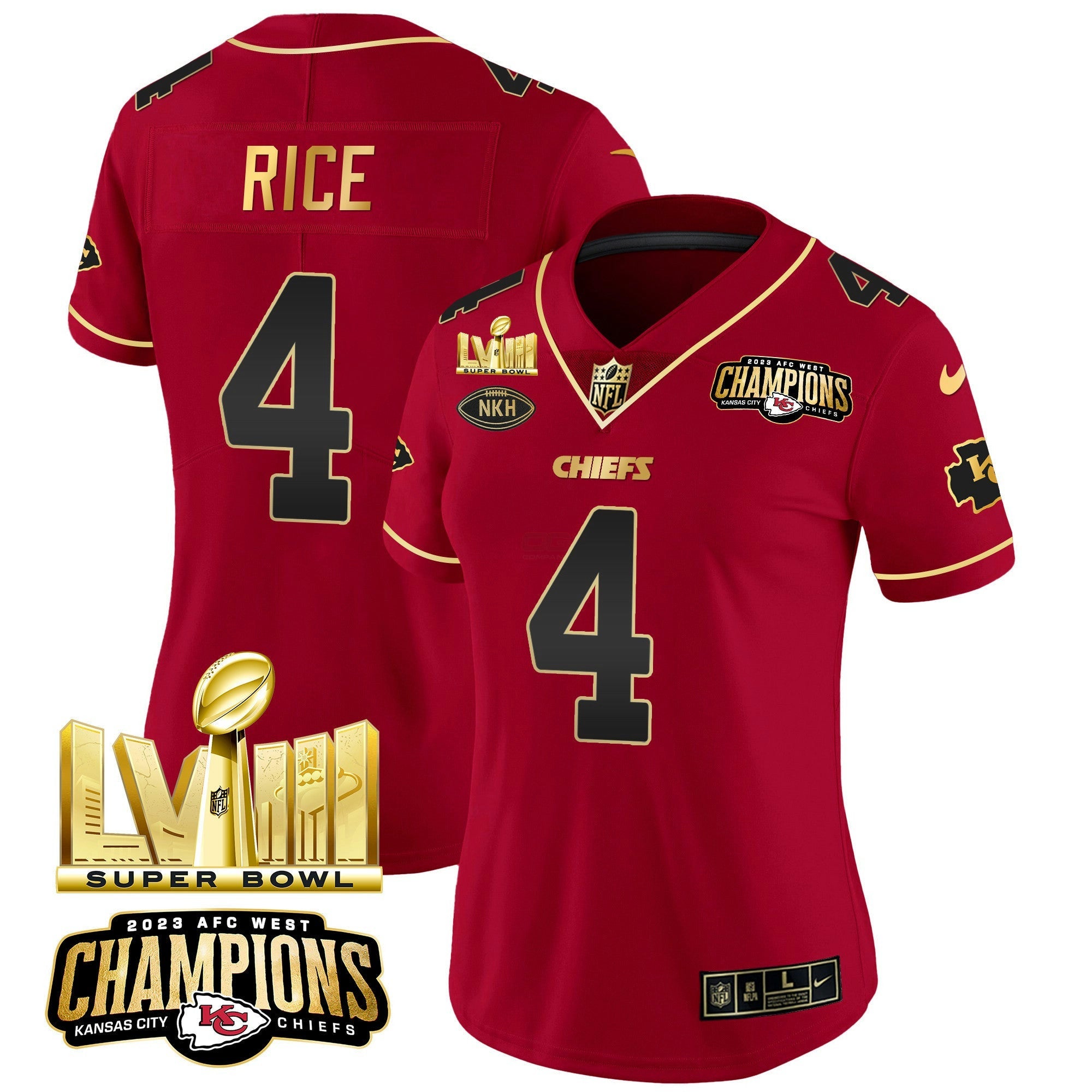 Camisa NFL Women’s AFC West Champions & Super Bowl LVIII Dourada Patch Vapor Jersey