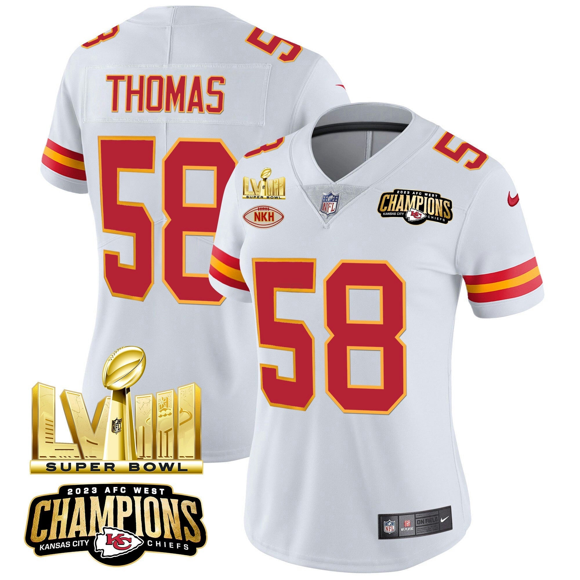 Camisa NFL Women’s AFC West Champions & Super Bowl LVIII Dourada Patch Vapor Jersey