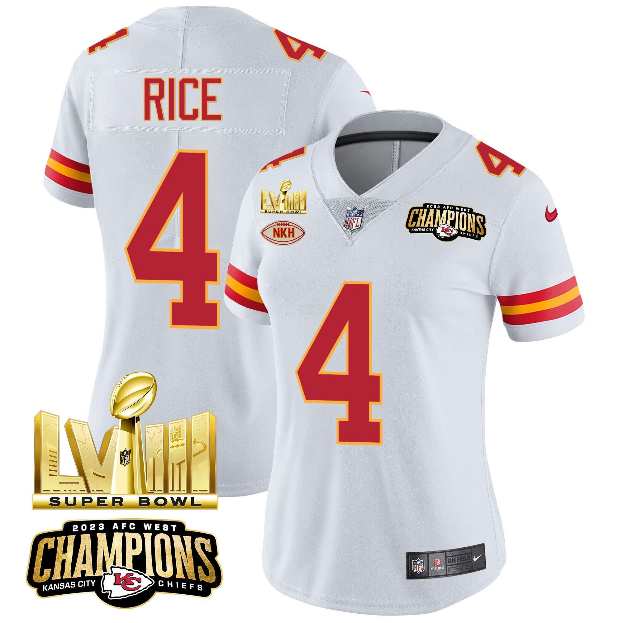 Camisa NFL Women’s AFC West Champions & Super Bowl LVIII Dourada Patch Vapor Jersey