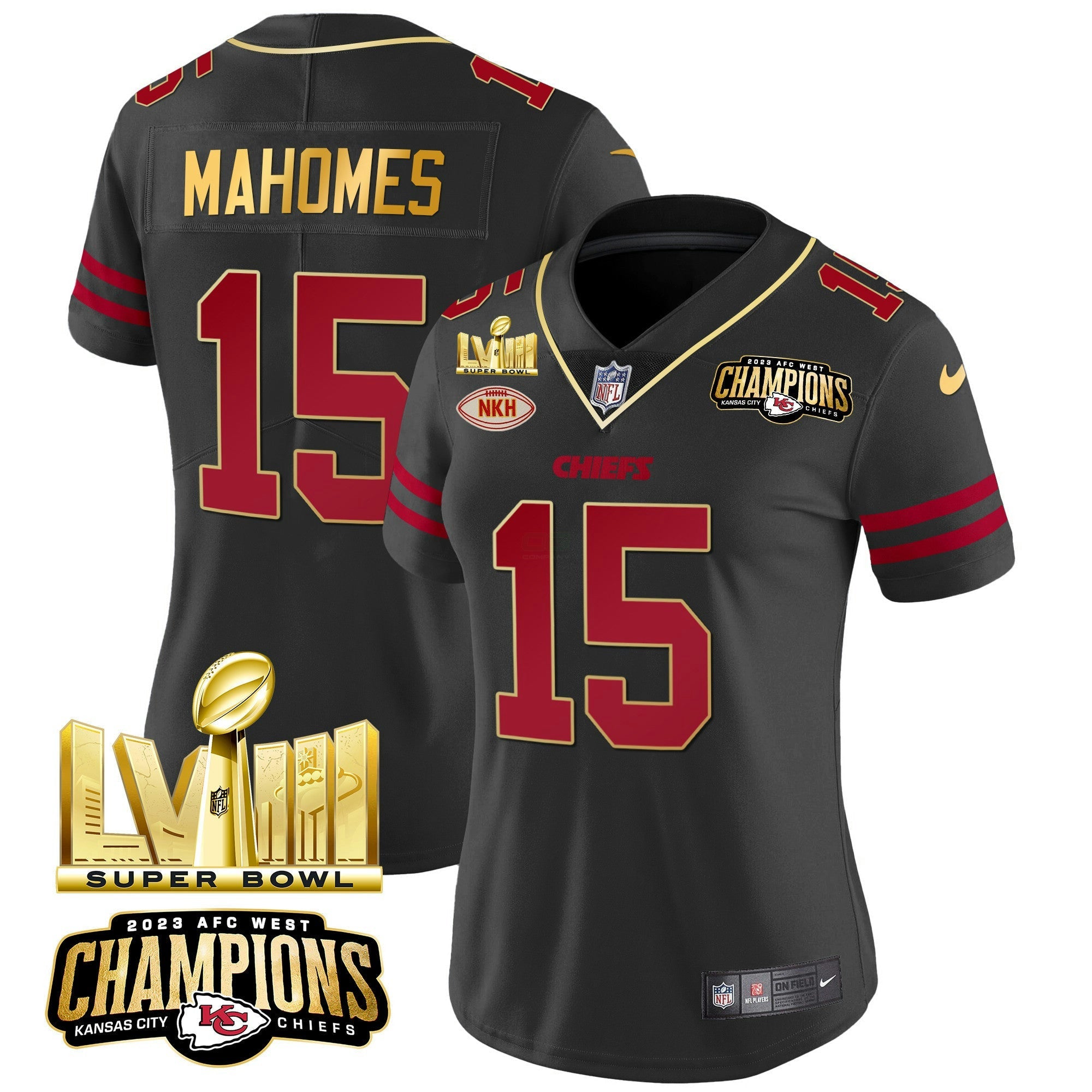 Camisa NFL Women’s AFC West Champions & Super Bowl LVIII Dourada Patch Vapor Jersey