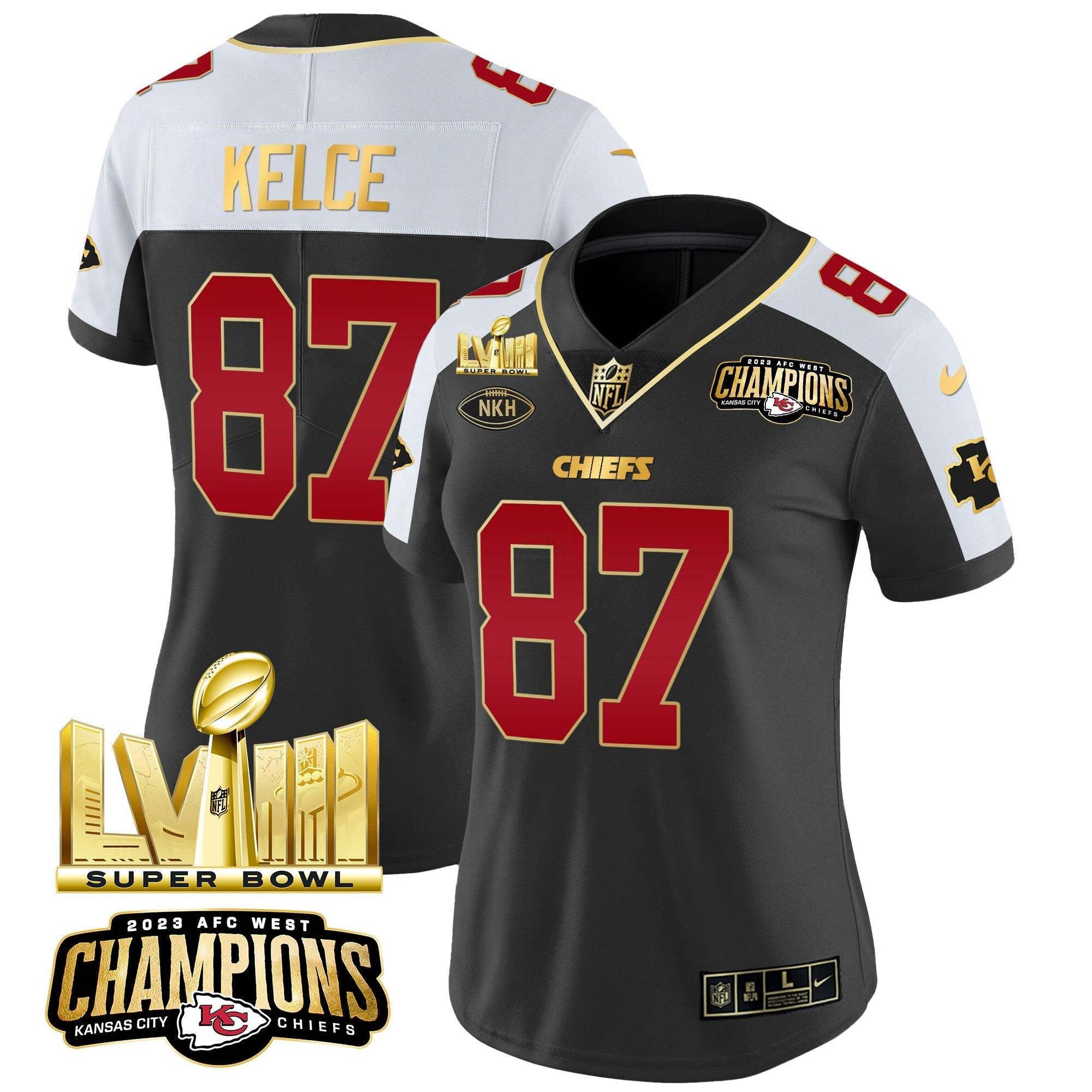 Camisa NFL Women’s AFC West Champions & Super Bowl LVIII Dourada Patch Vapor Jersey