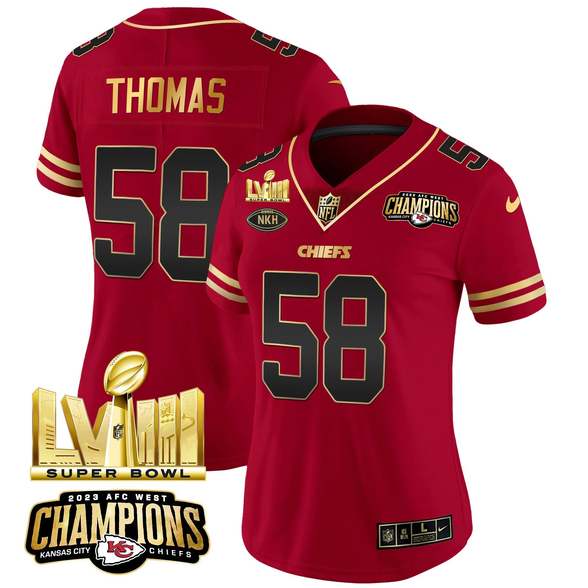 Camisa NFL Women’s AFC West Champions & Super Bowl LVIII Dourada Patch Vapor Jersey