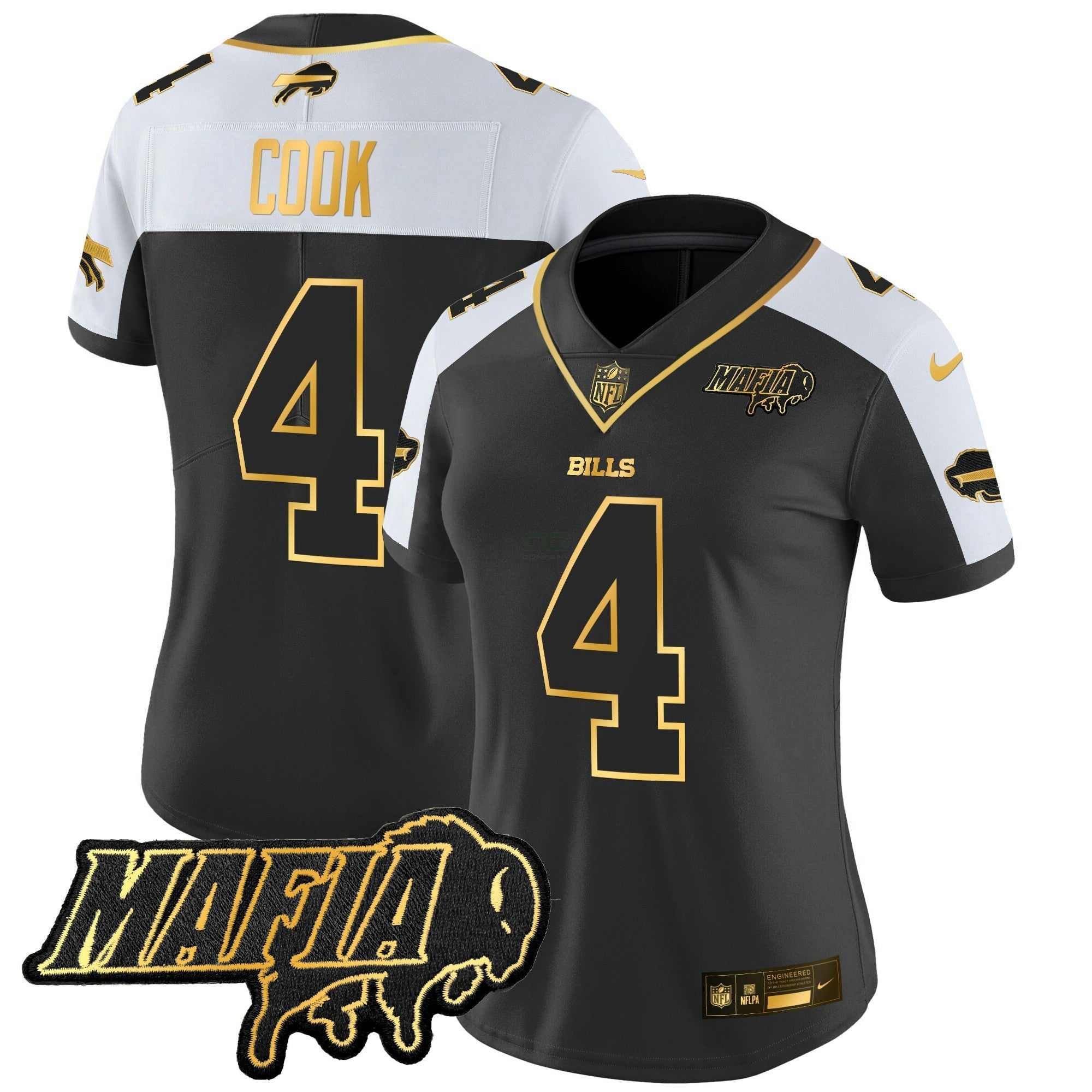 Camisa NFL Women’s Buffalo 2025 Mafia Patch Dourada Vapor Limited Jersey