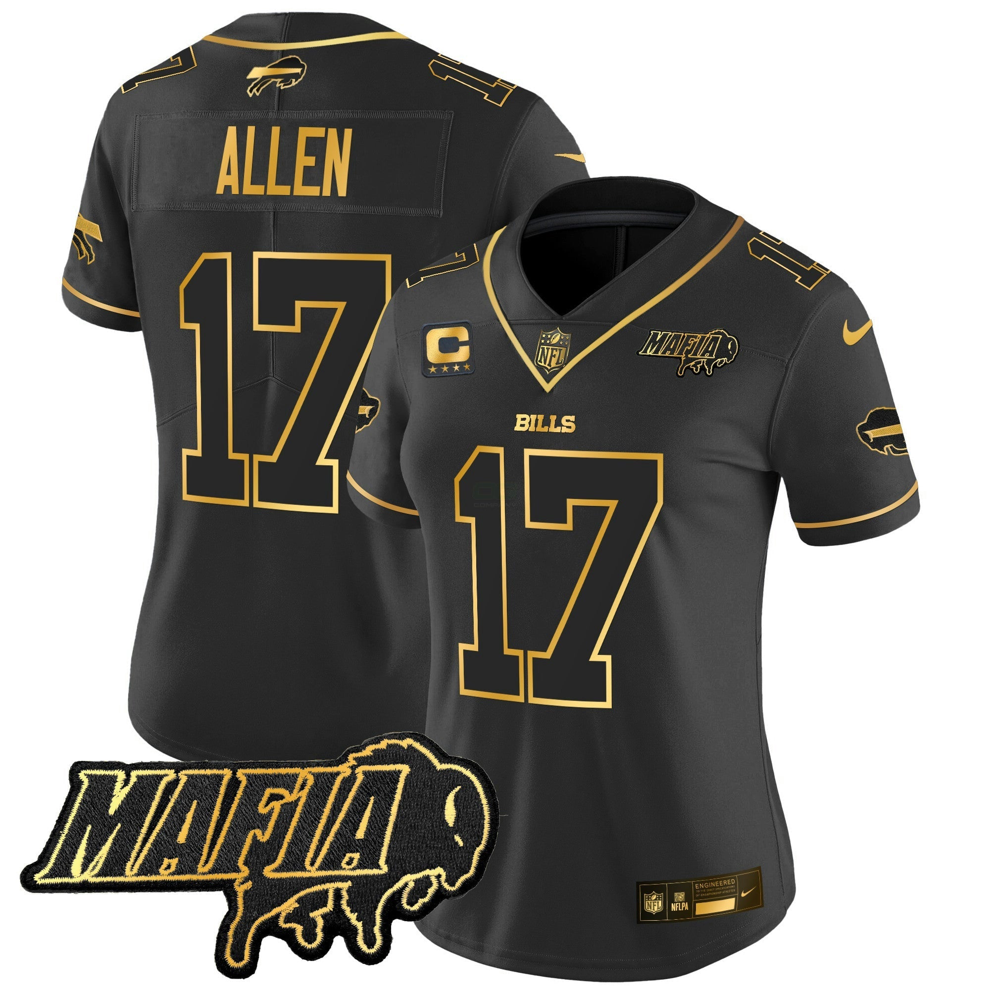 Camisa NFL Women’s Buffalo 2025 Mafia Patch Dourada Vapor Limited Jersey