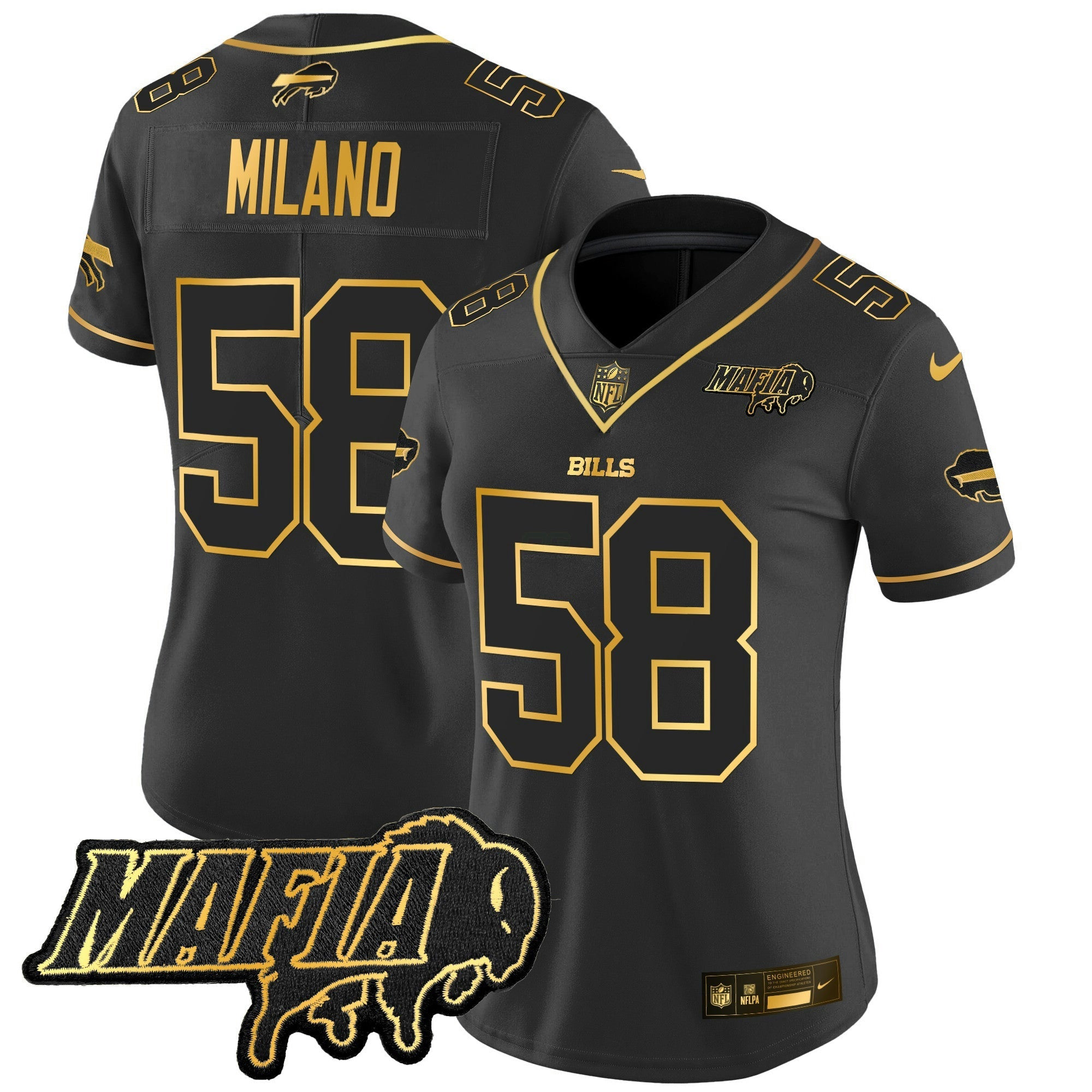 Camisa NFL Women’s Buffalo 2025 Mafia Patch Dourada Vapor Limited Jersey