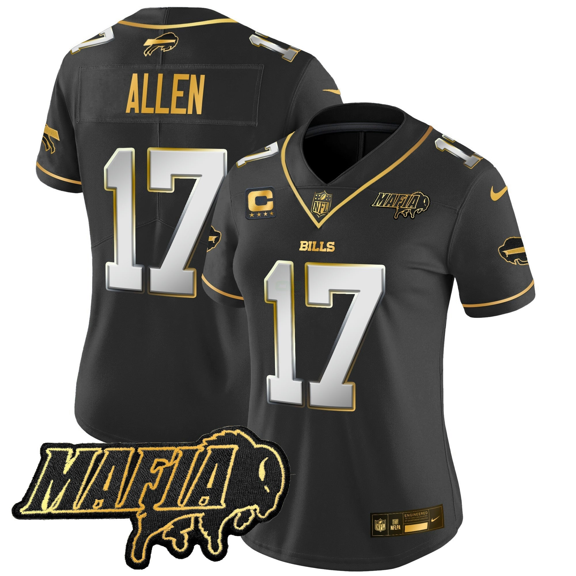 Camisa NFL Women’s Buffalo 2025 Mafia Patch Dourada Vapor Limited Jersey