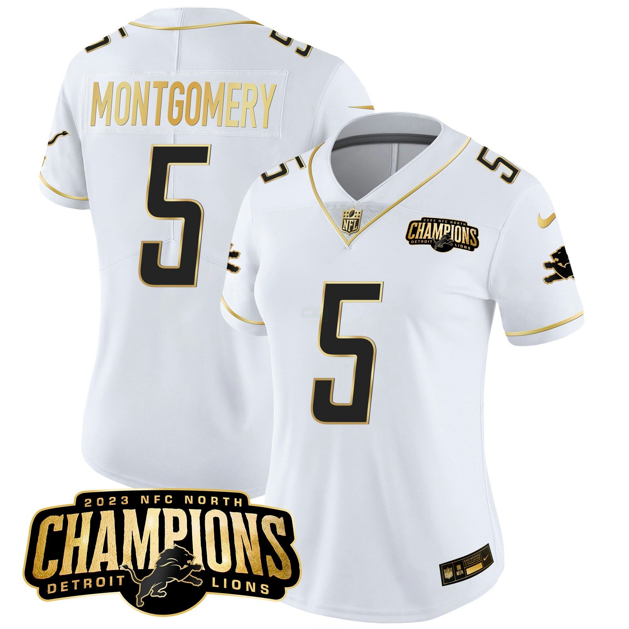 Camisa NFL Women’s Detroit 2023 NFC North Champions Patch Dourada Vapor Jersey