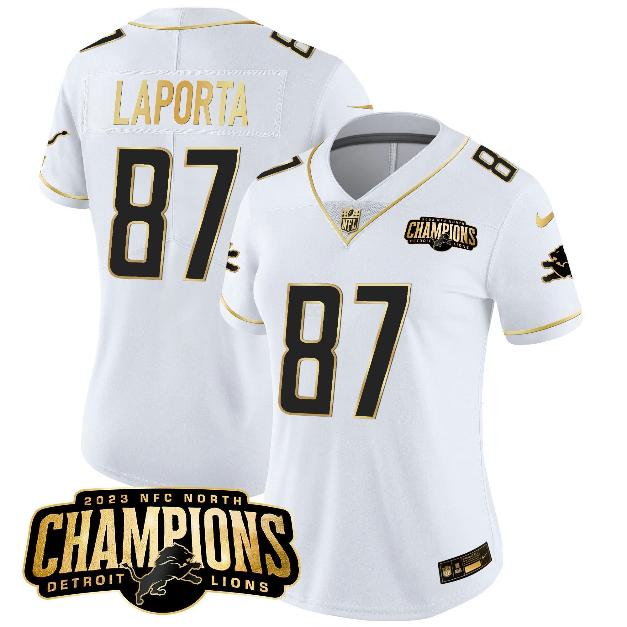 Camisa NFL Women’s Detroit 2023 NFC North Champions Patch Dourada Vapor Jersey