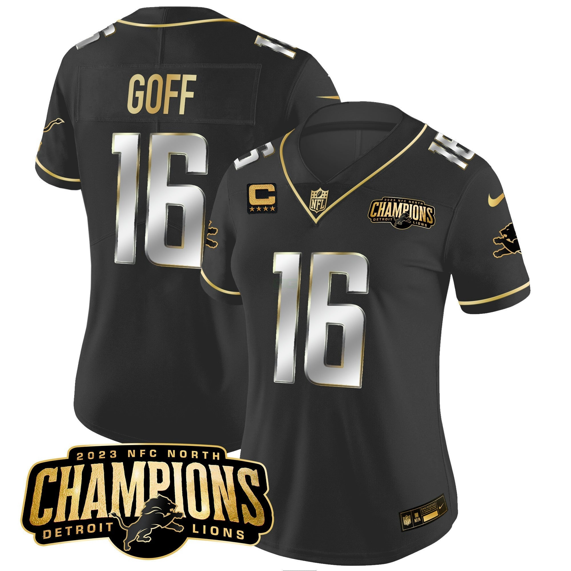Camisa NFL Women’s Detroit 2023 NFC North Champions Patch Dourada Vapor Jersey