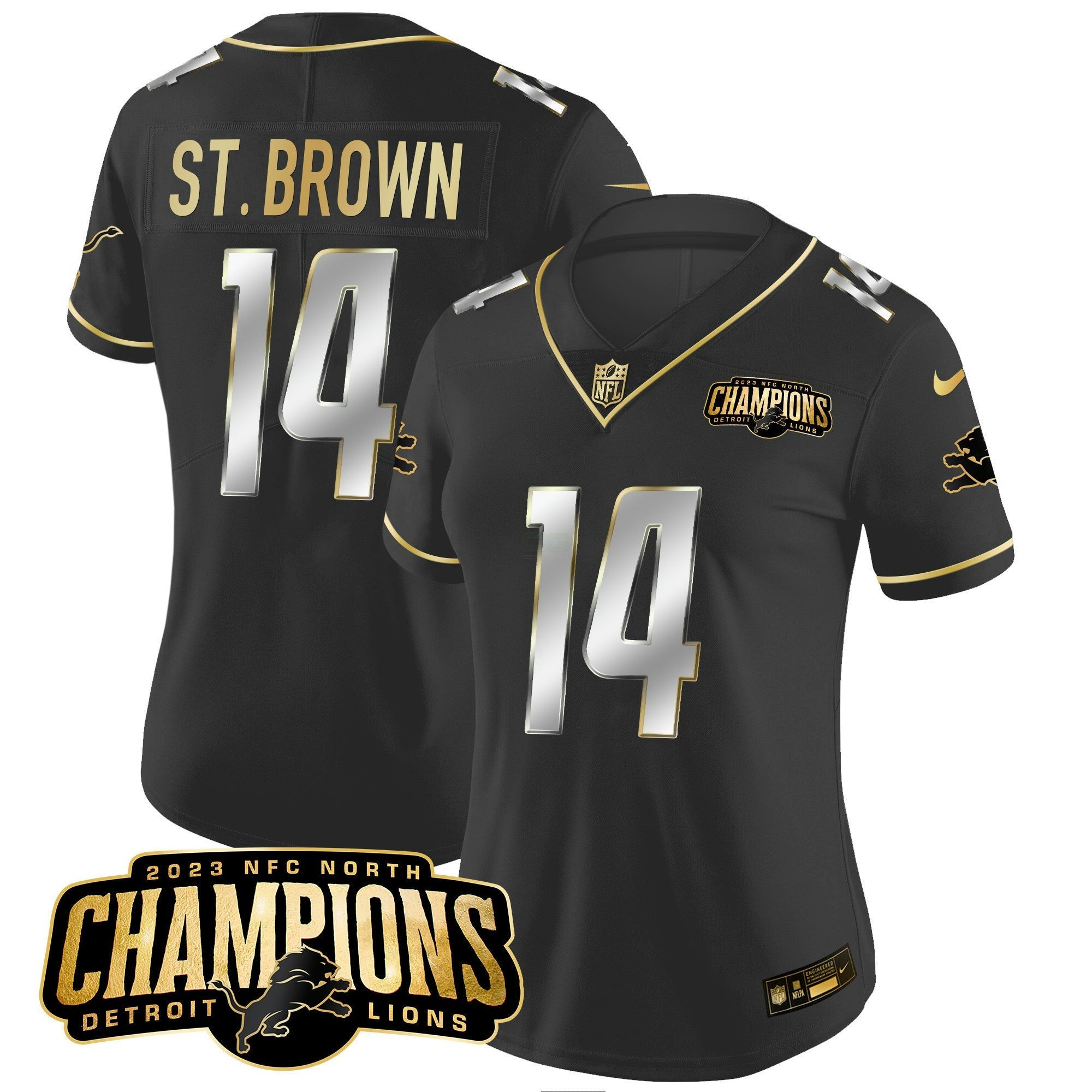 Camisa NFL Women’s Detroit 2023 NFC North Champions Patch Dourada Vapor Jersey