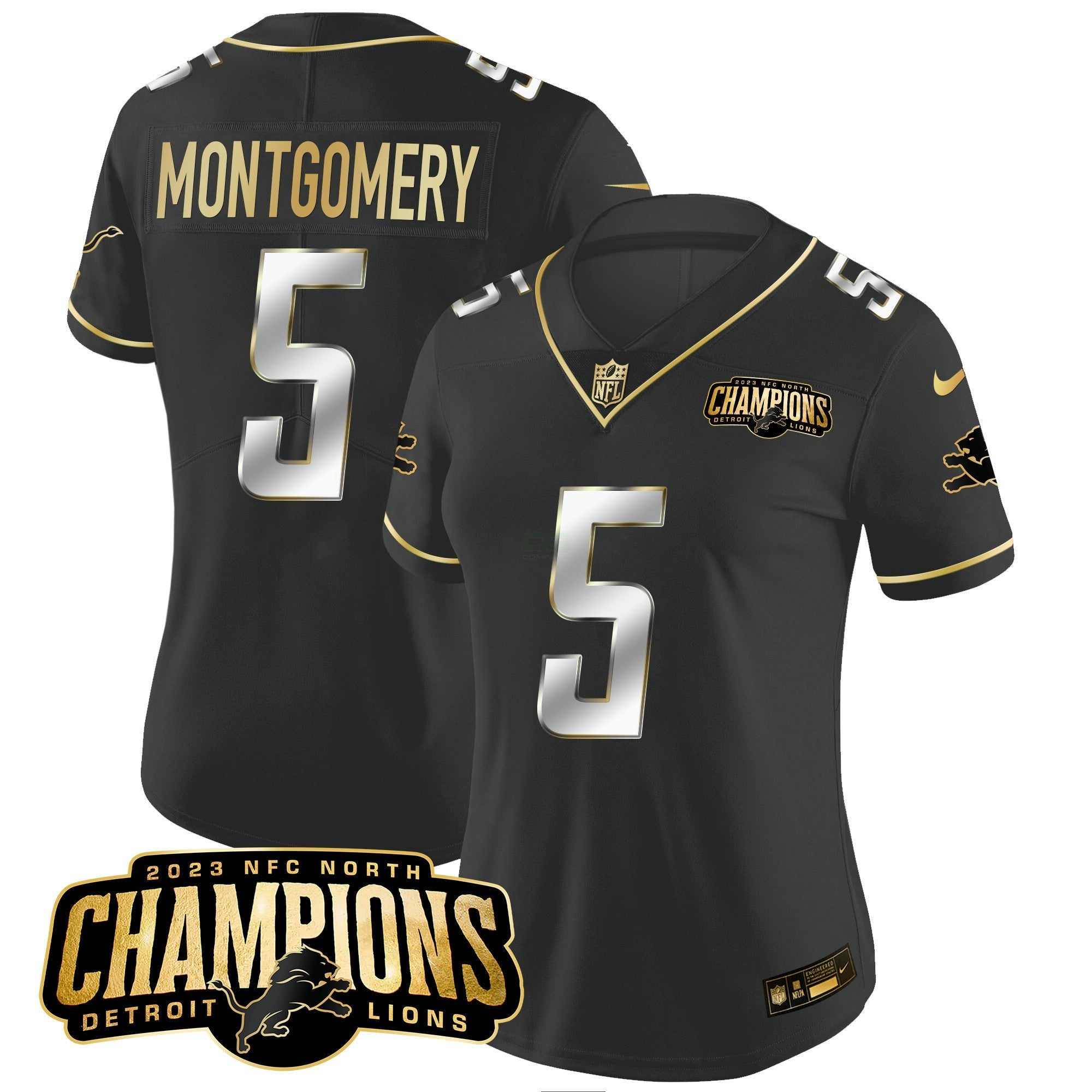 Camisa NFL Women’s Detroit 2023 NFC North Champions Patch Dourada Vapor Jersey