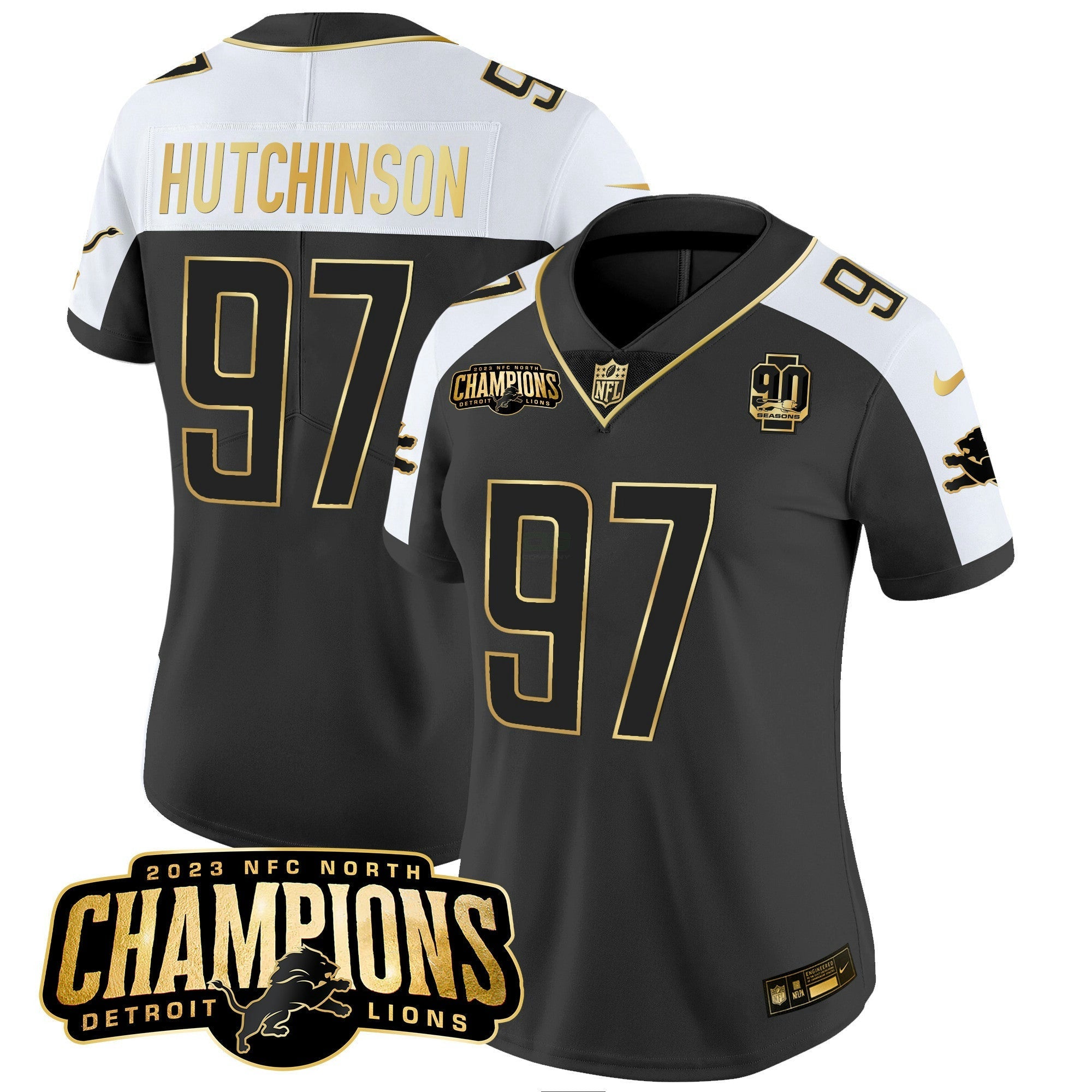 Camisa NFL Women’s Detroit 2023 NFC North Champions Patch Dourada Vapor Jersey V2