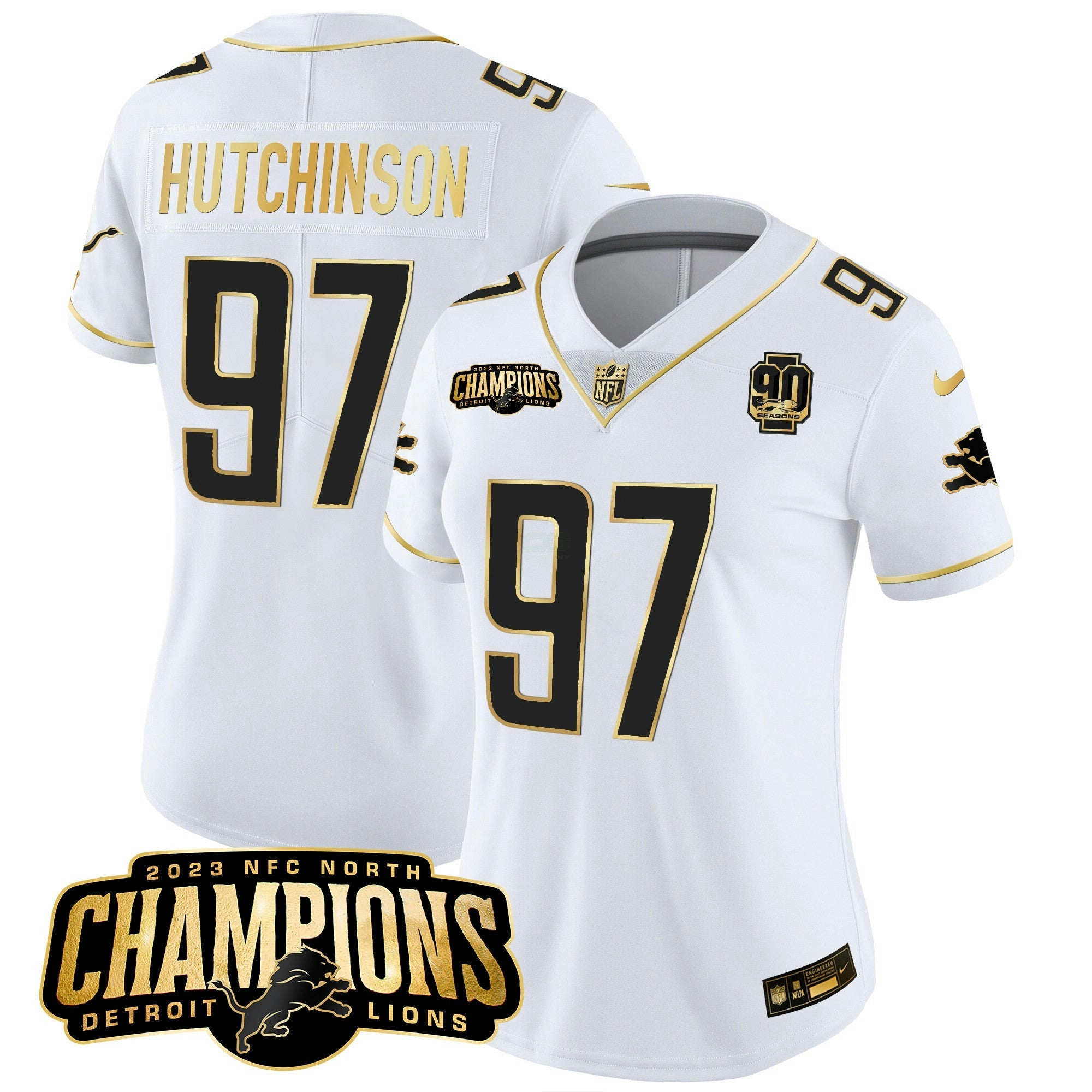 Camisa NFL Women’s Detroit 2023 NFC North Champions Patch Dourada Vapor Jersey V2