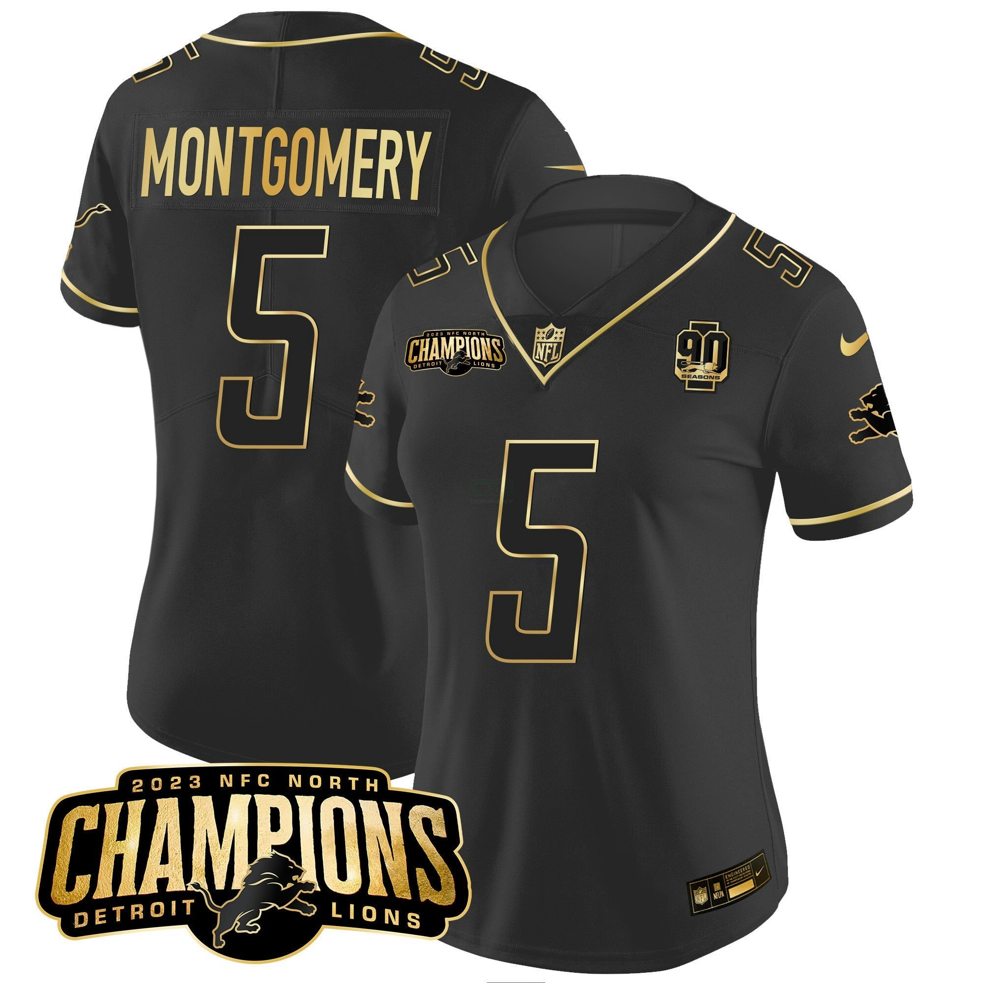 Camisa NFL Women’s Detroit 2023 NFC North Champions Patch Dourada Vapor Jersey V2