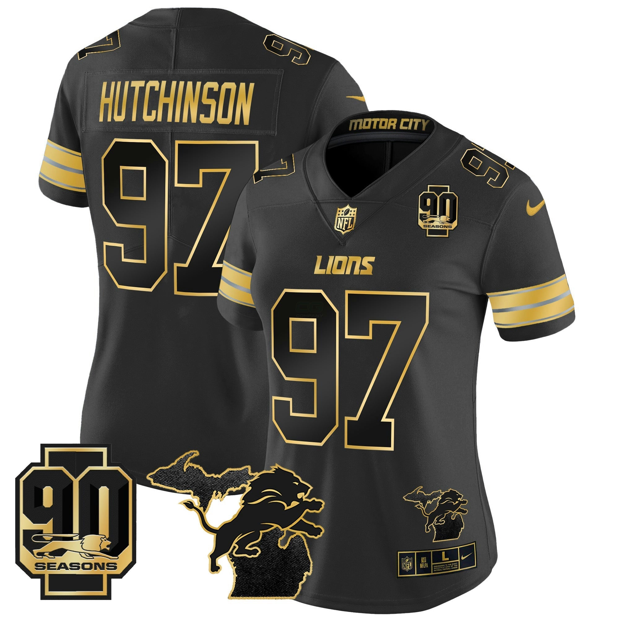 Camisa NFL Women’s Detroit 2024 Michigan & 90th Year Patch Dourada Vapor Limited Jersey
