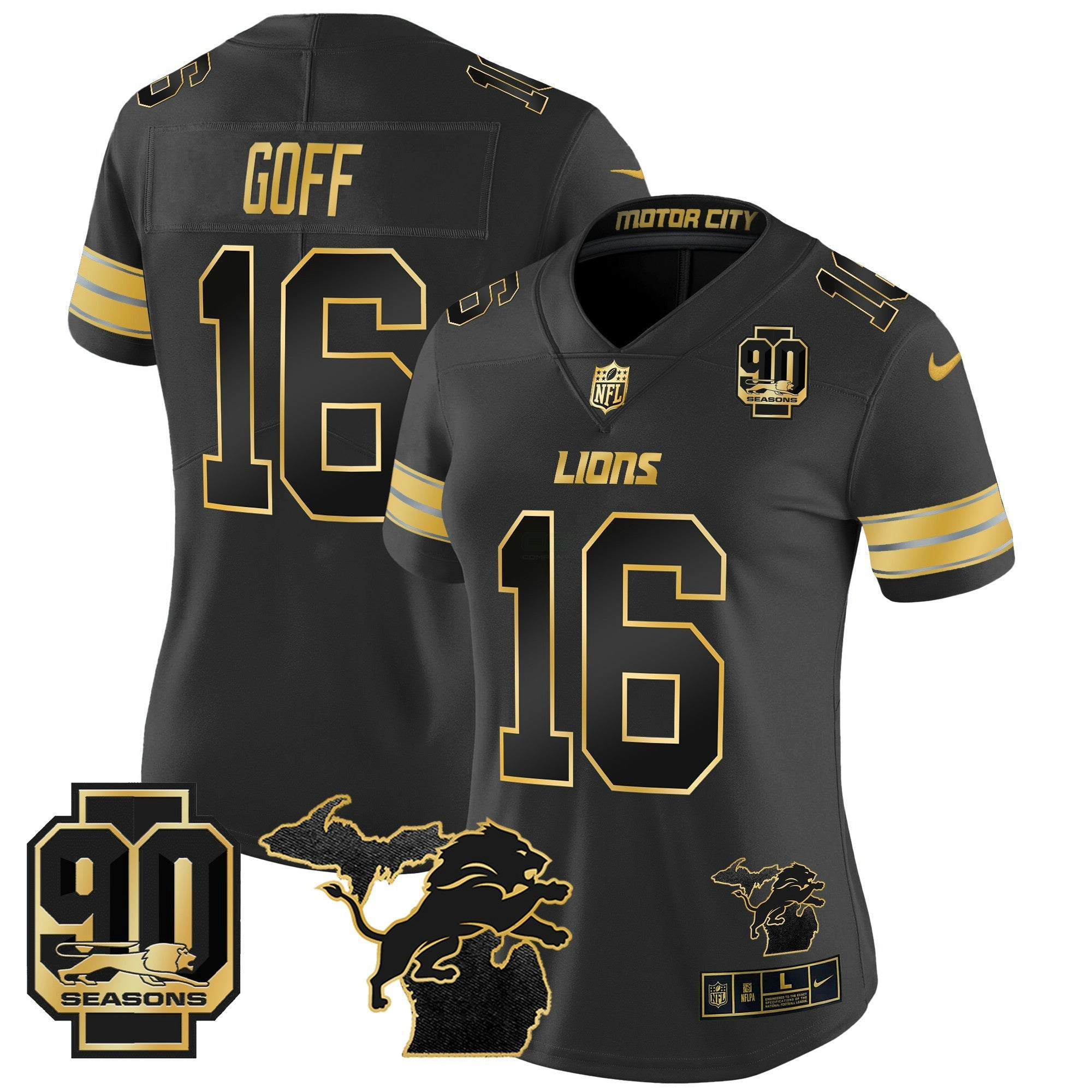 Camisa NFL Women’s Detroit 2024 Michigan & 90th Year Patch Dourada Vapor Limited Jersey