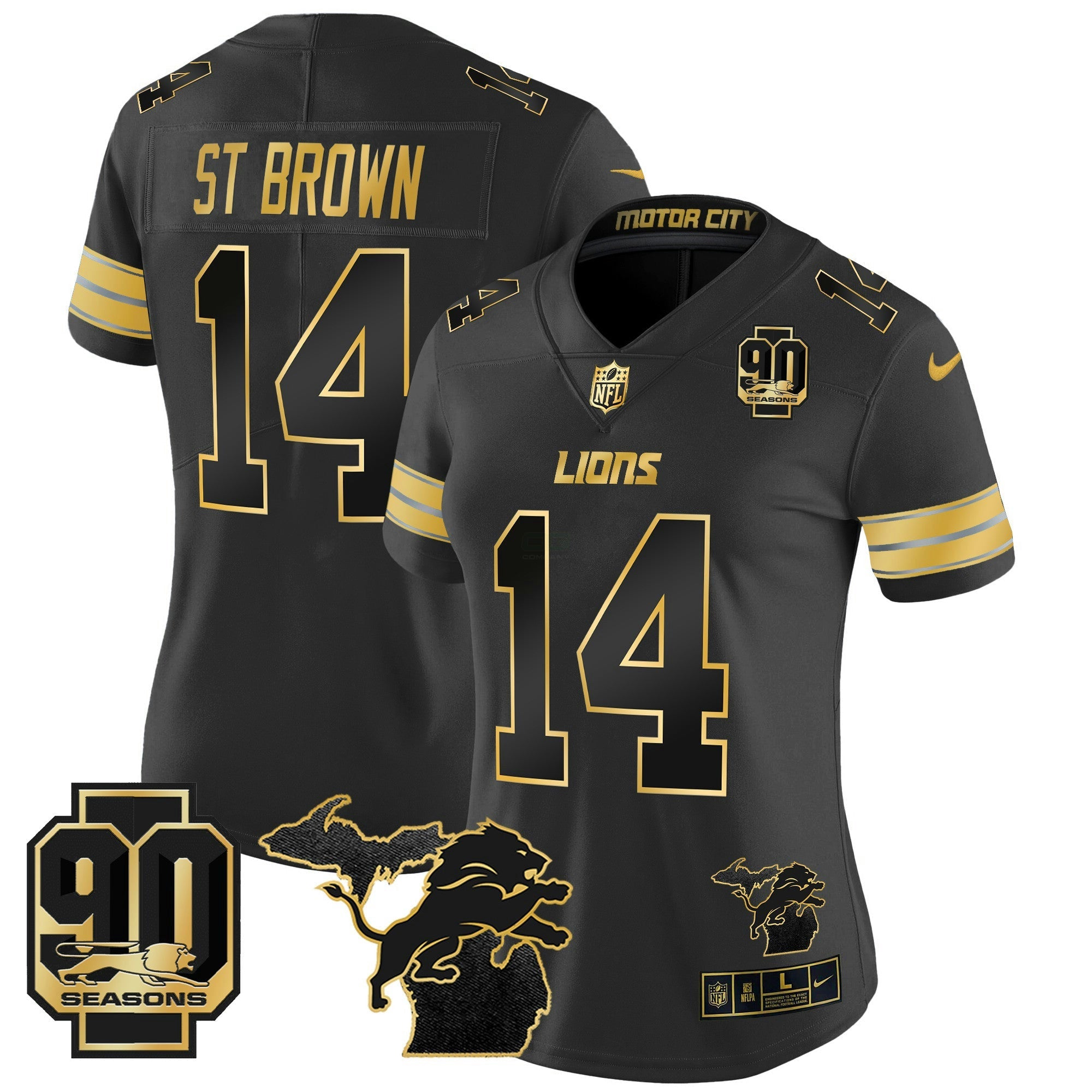Camisa NFL Women’s Detroit 2024 Michigan & 90th Year Patch Dourada Vapor Limited Jersey