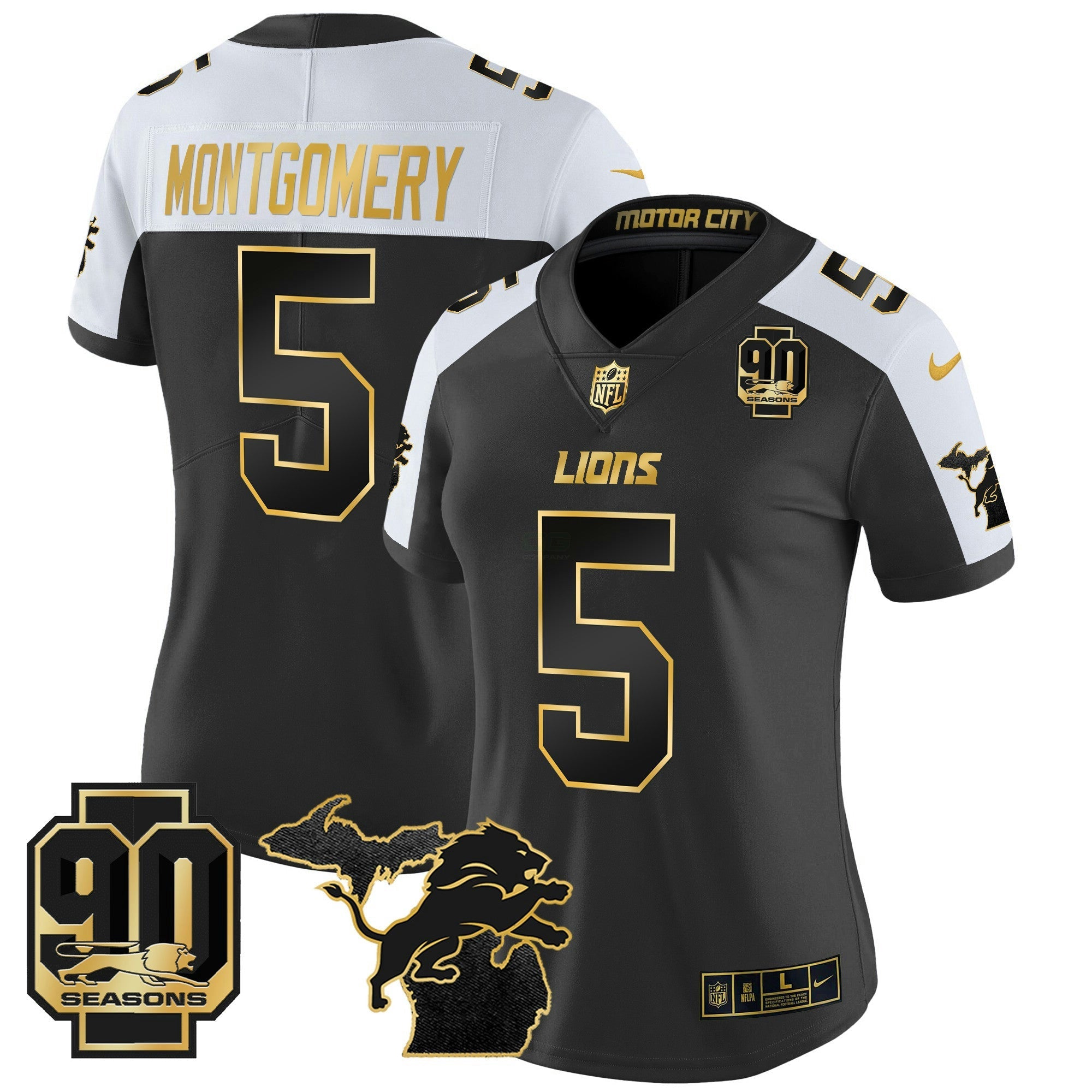 Camisa NFL Women’s Detroit 2024 Michigan & 90th Year Patch Dourada Vapor Limited Jersey
