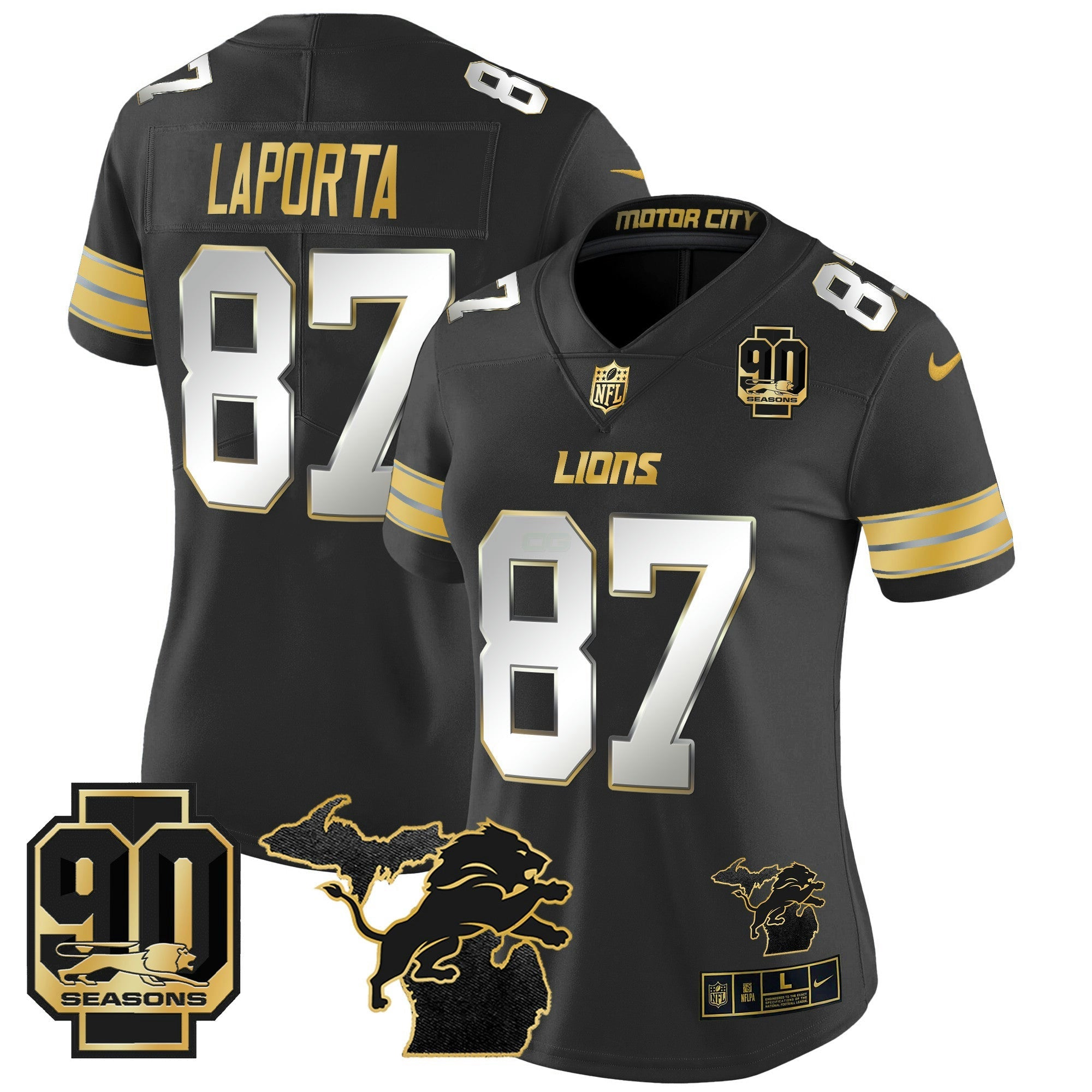 Camisa NFL Women’s Detroit 2024 Michigan & 90th Year Patch Dourada Vapor Limited Jersey