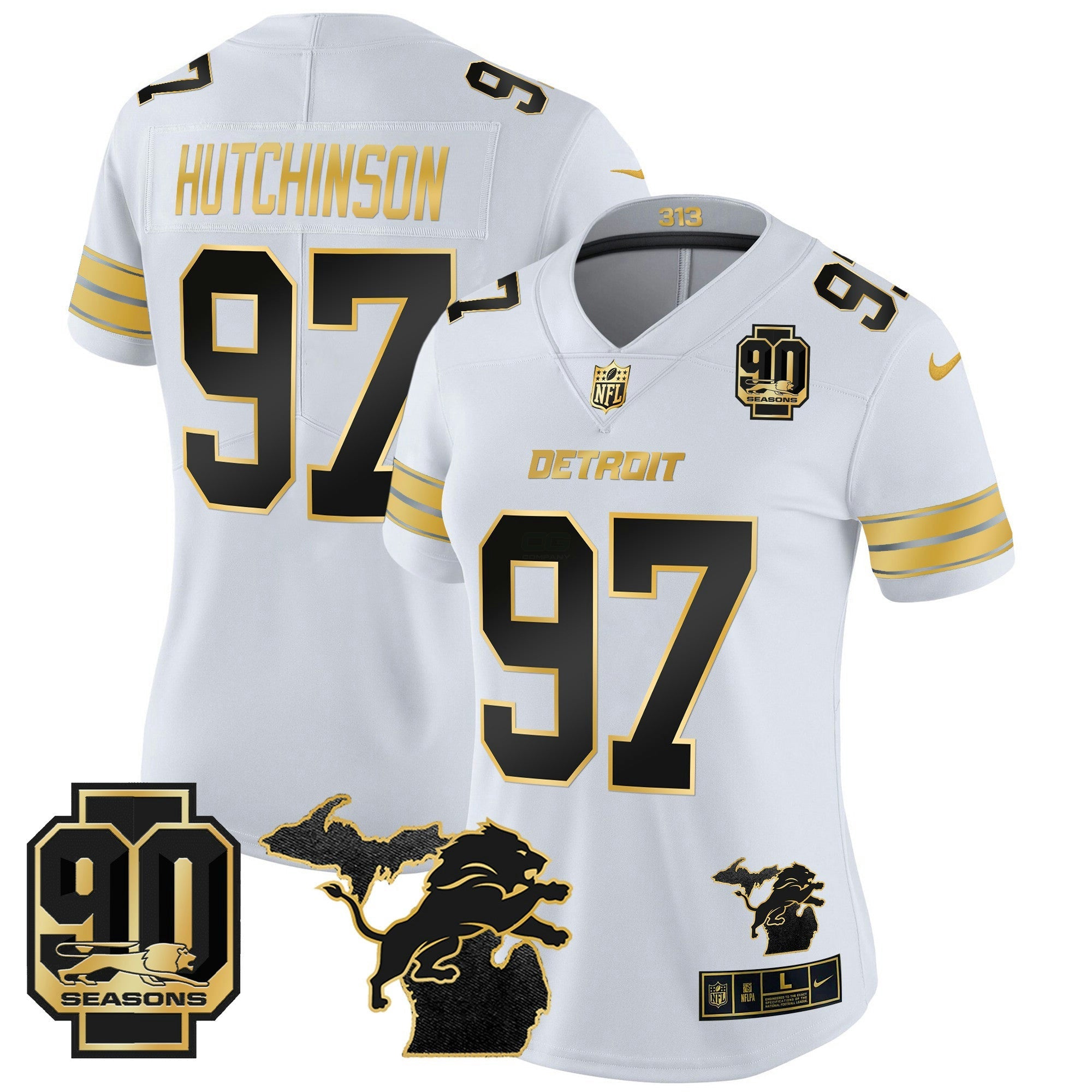 Camisa NFL Women’s Detroit 2024 Michigan & 90th Year Patch Dourada Vapor Limited Jersey
