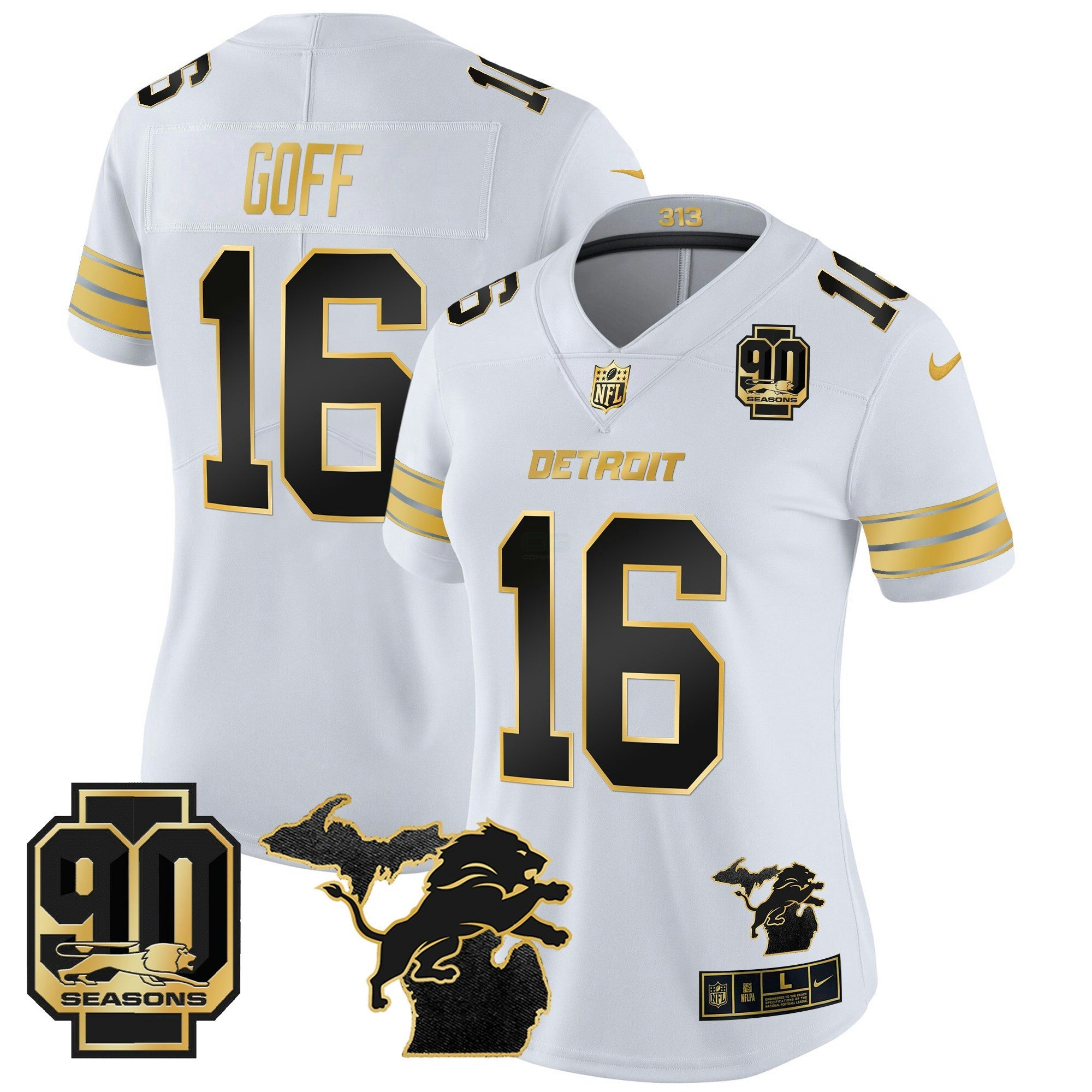 Camisa NFL Women’s Detroit 2024 Michigan & 90th Year Patch Dourada Vapor Limited Jersey