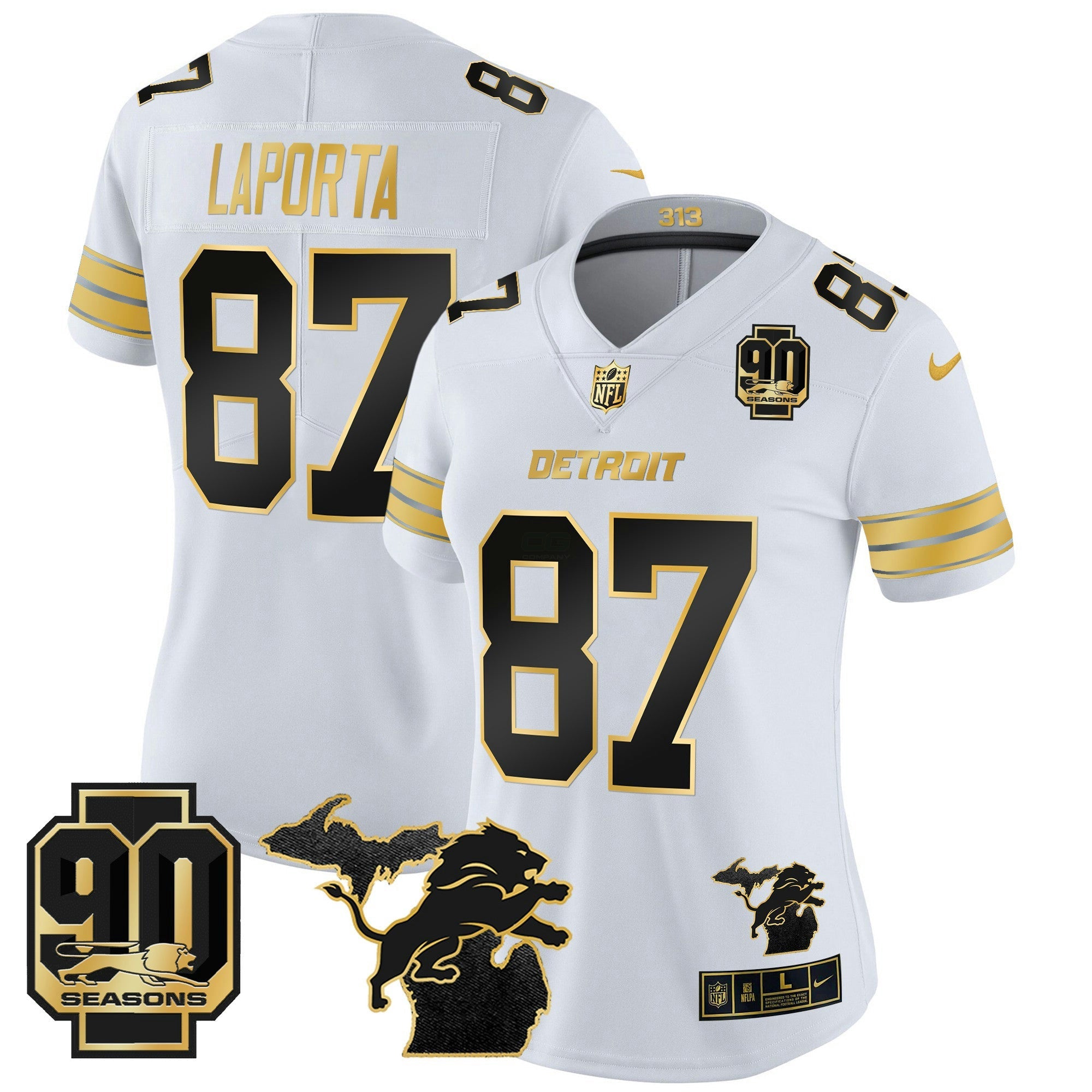 Camisa NFL Women’s Detroit 2024 Michigan & 90th Year Patch Dourada Vapor Limited Jersey