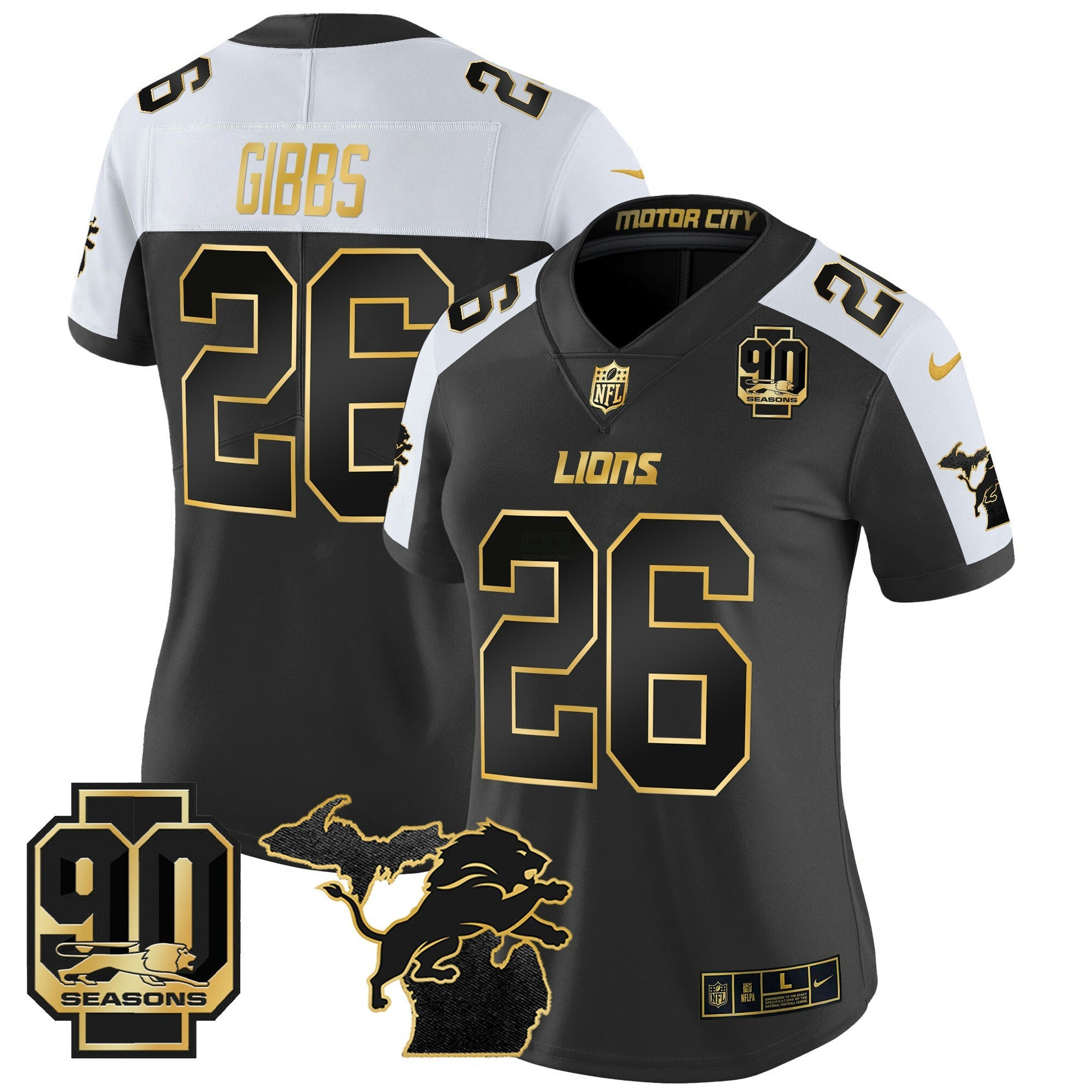 Camisa NFL Women’s Detroit 2024 Michigan & 90th Year Patch Dourada Vapor Limited Jersey