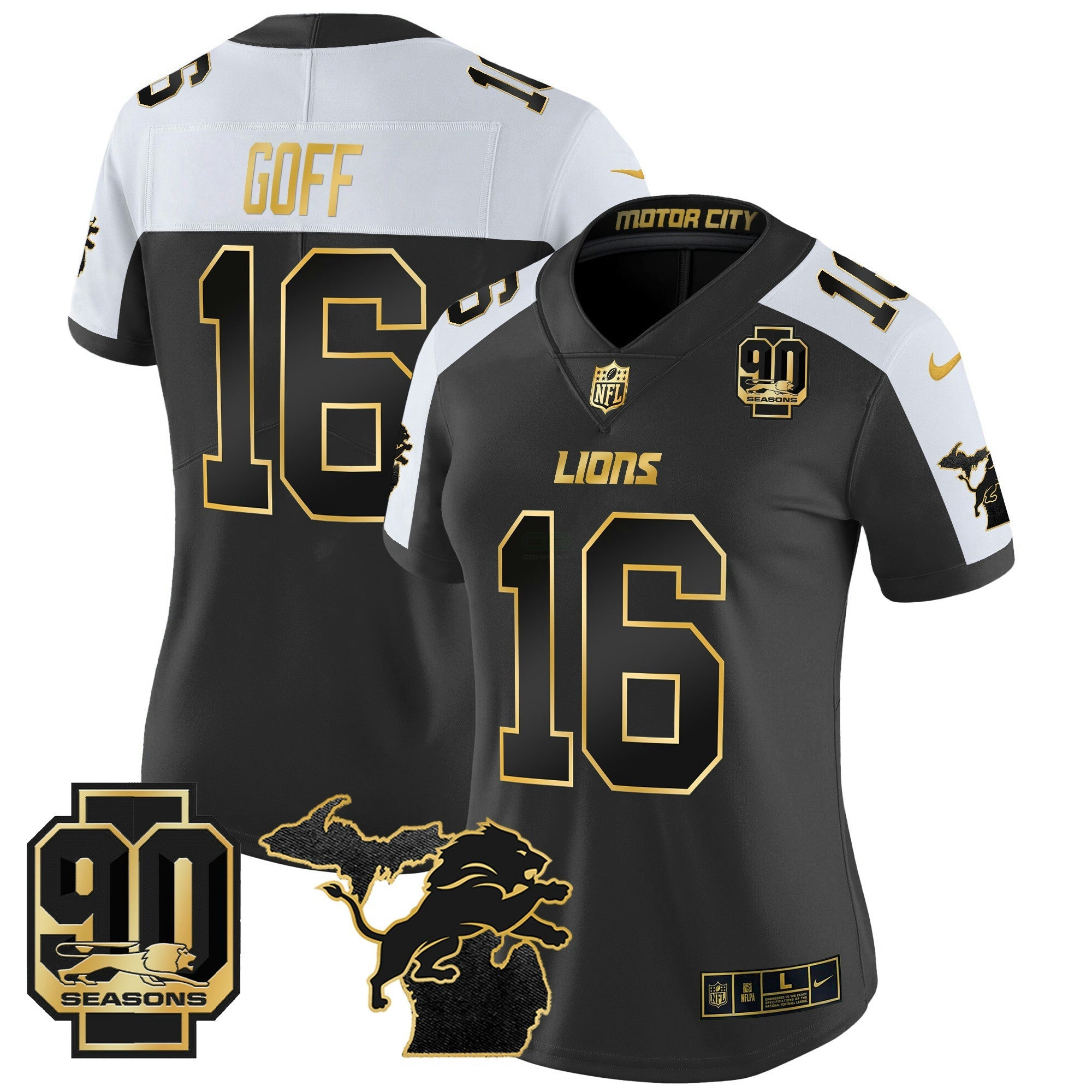 Camisa NFL Women’s Detroit 2024 Michigan & 90th Year Patch Dourada Vapor Limited Jersey