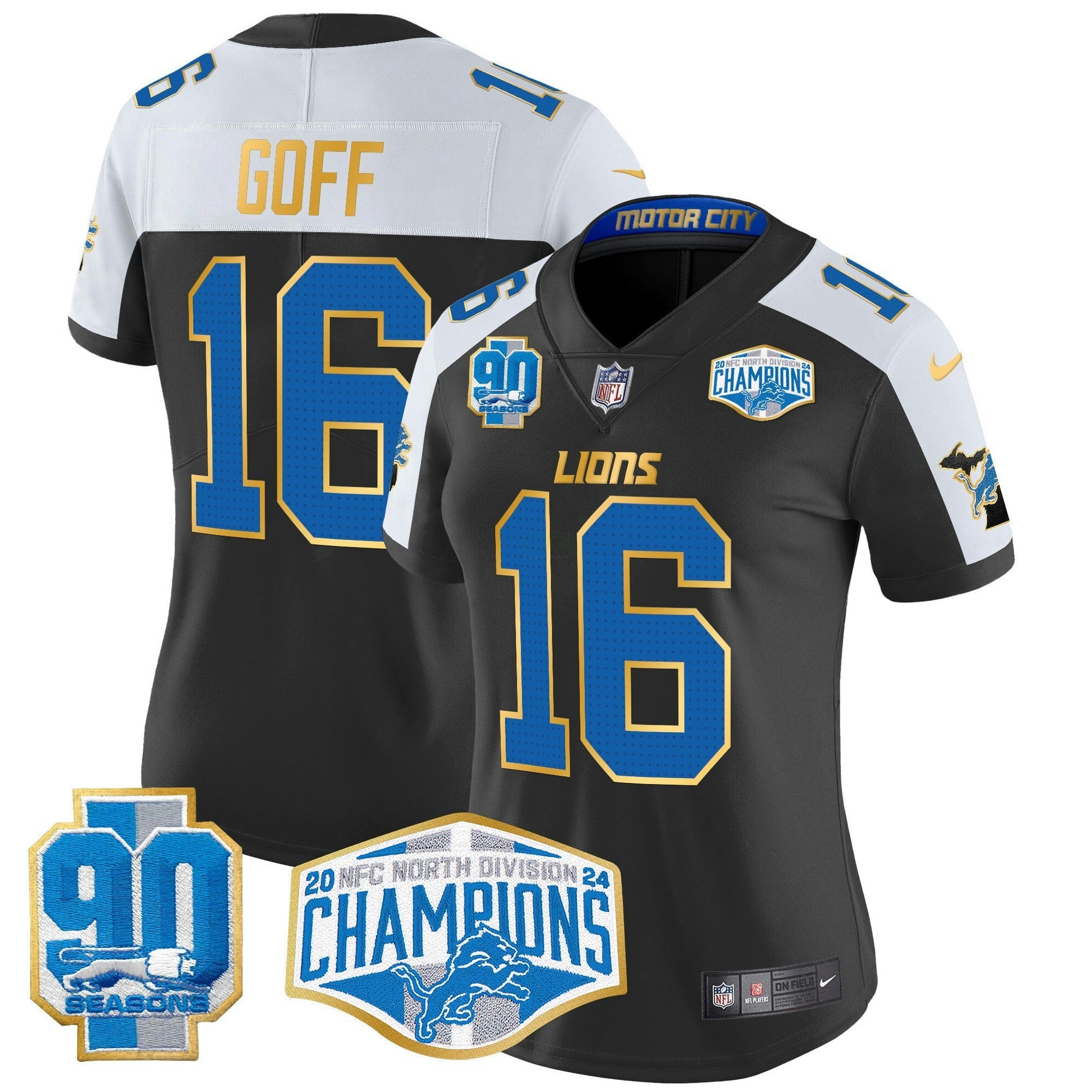 Camisa NFL Women’s Detroit 2024 NFC North Division Champions Patch Dourada Trim Vapor Limited Jersey