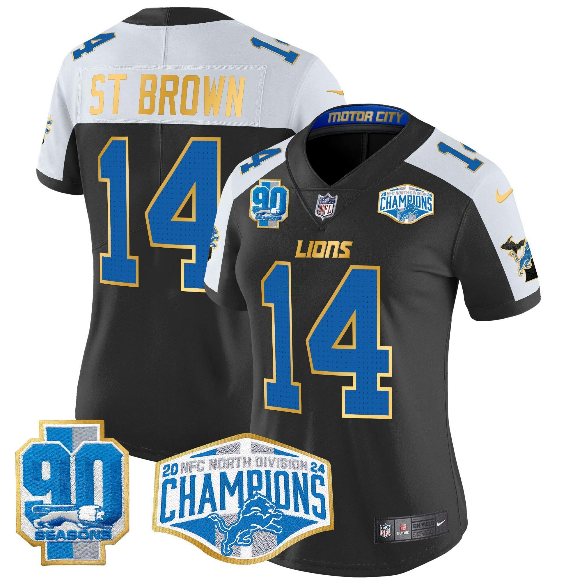 Camisa NFL Women’s Detroit 2024 NFC North Division Champions Patch Dourada Trim Vapor Limited Jersey