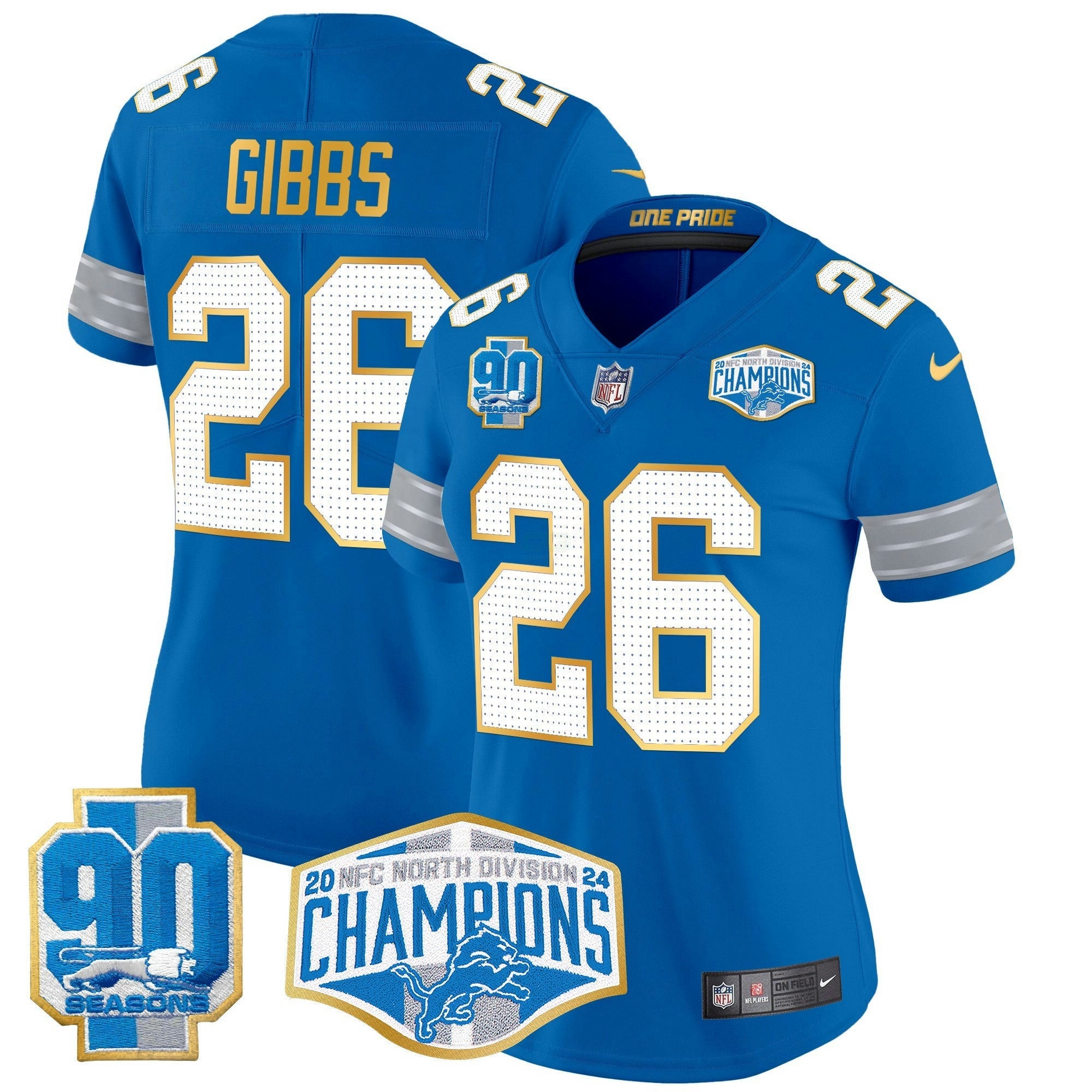 Camisa NFL Women’s Detroit 2024 NFC North Division Champions Patch Dourada Trim Vapor Limited Jersey