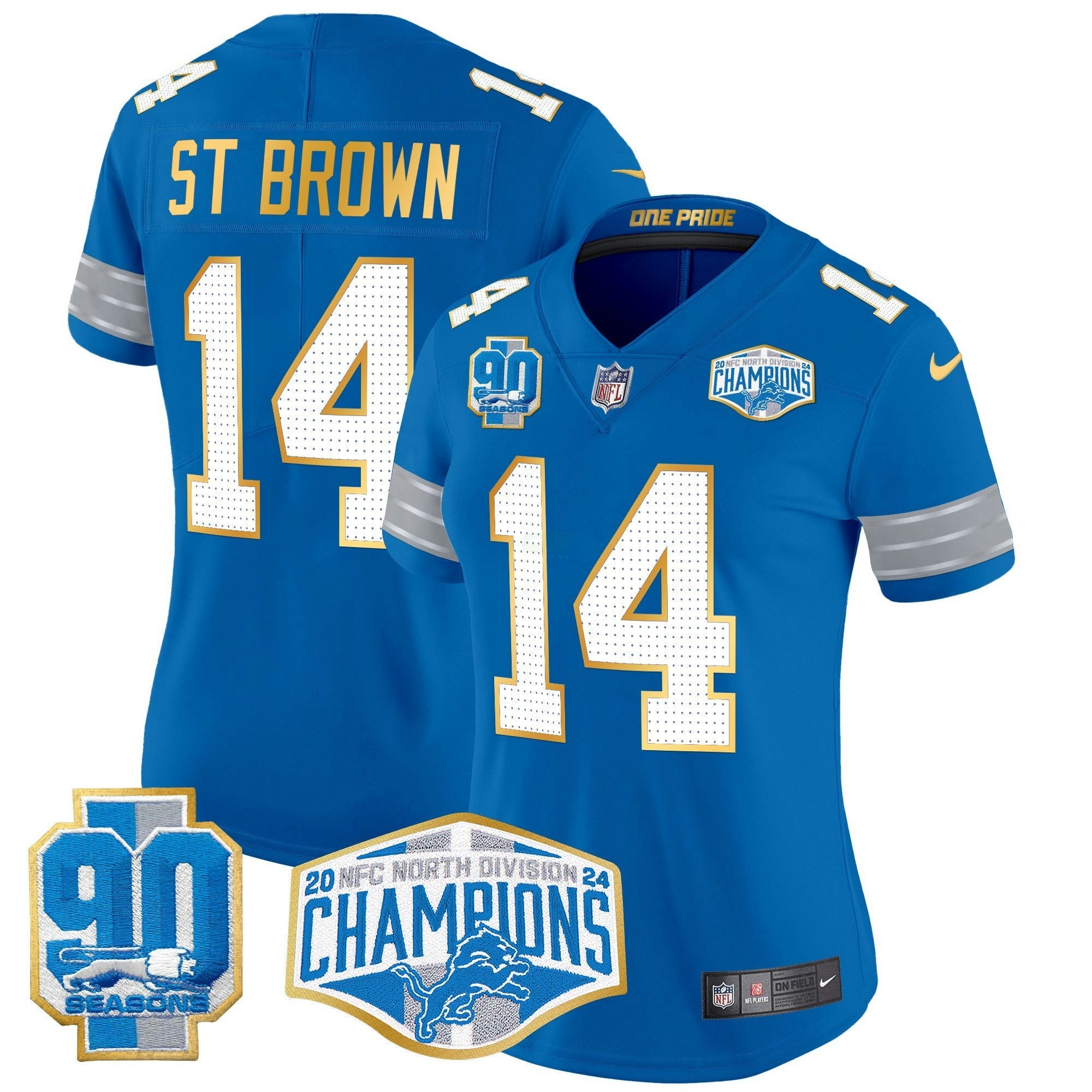 Camisa NFL Women’s Detroit 2024 NFC North Division Champions Patch Dourada Trim Vapor Limited Jersey