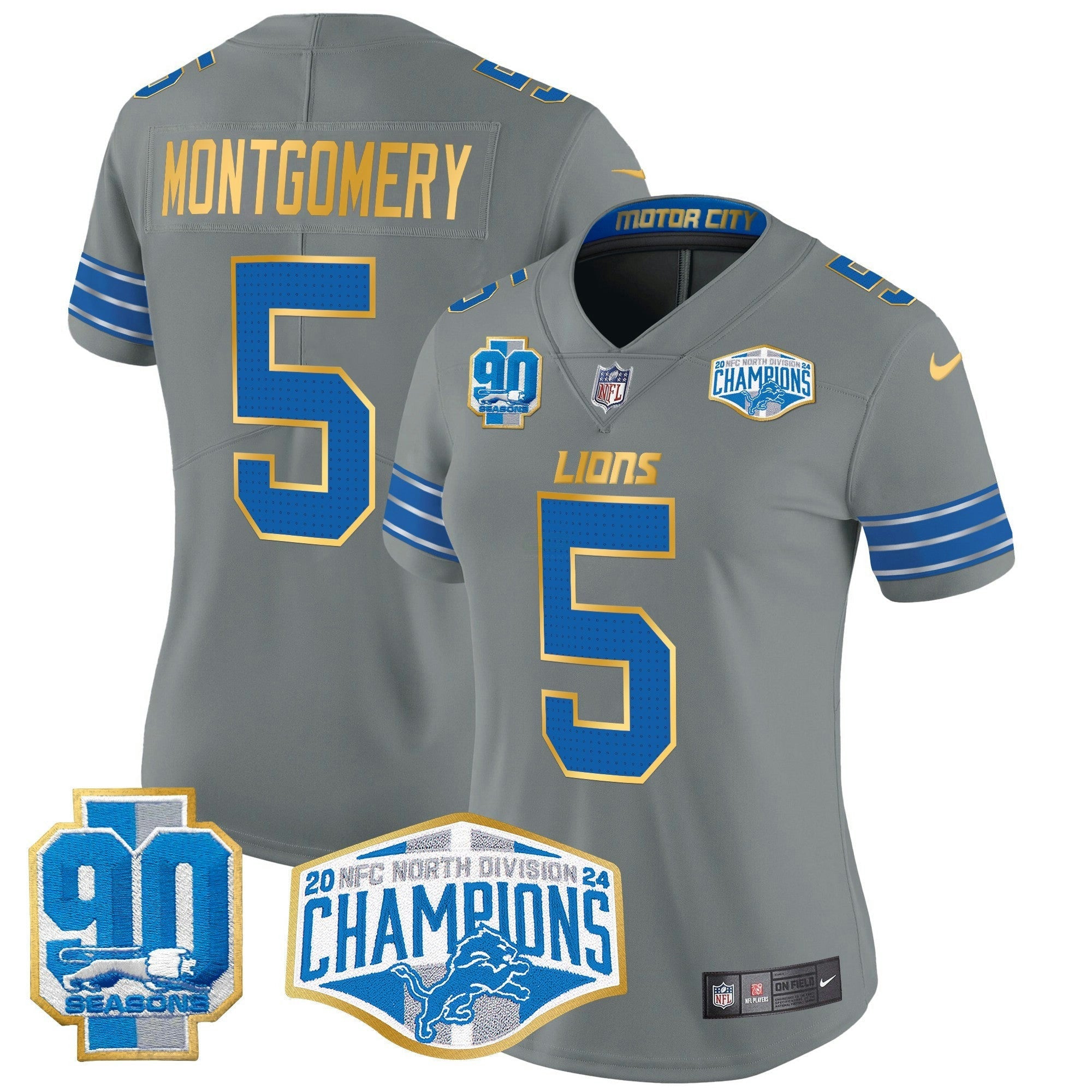 Camisa NFL Women’s Detroit 2024 NFC North Division Champions Patch Dourada Trim Vapor Limited Jersey