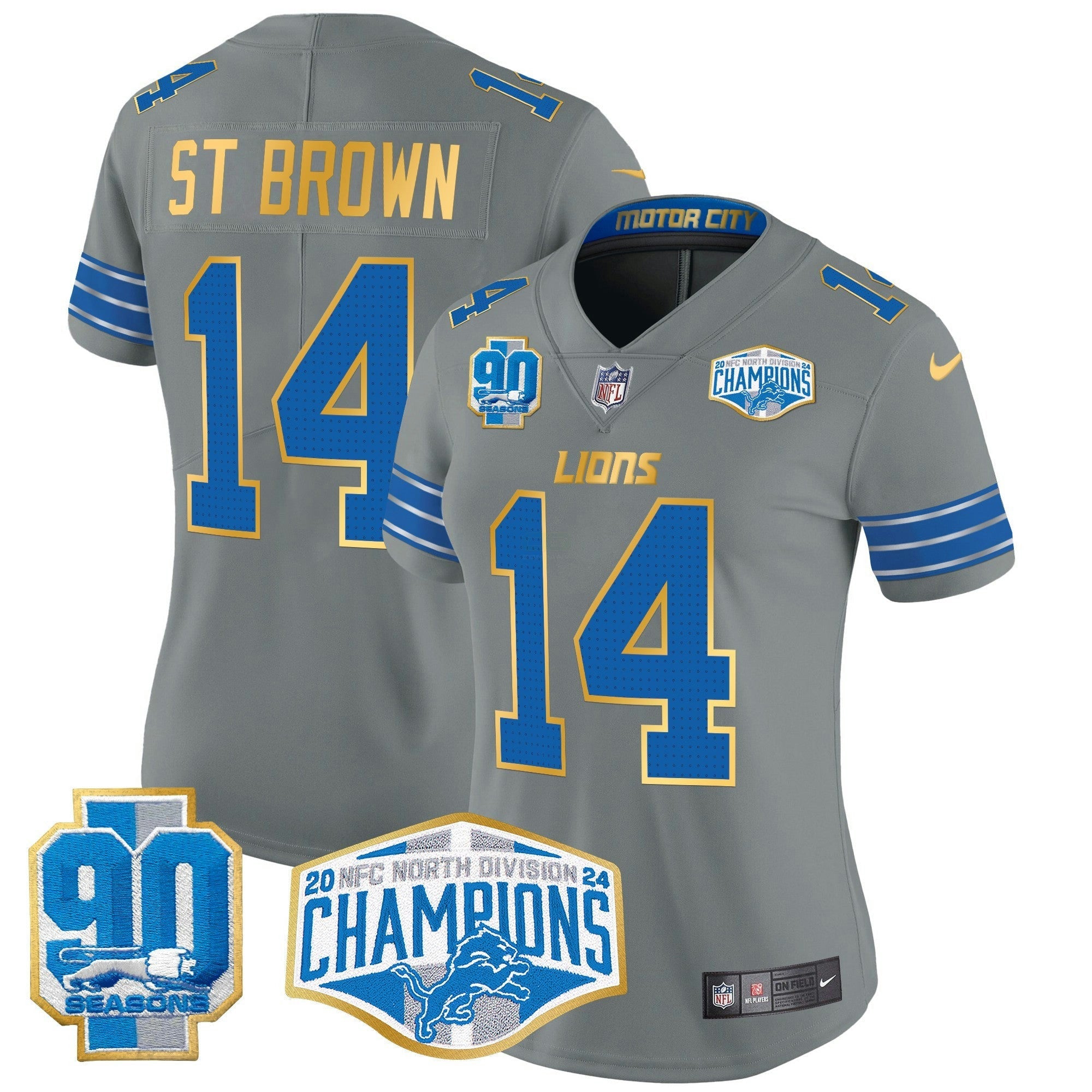 Camisa NFL Women’s Detroit 2024 NFC North Division Champions Patch Dourada Trim Vapor Limited Jersey