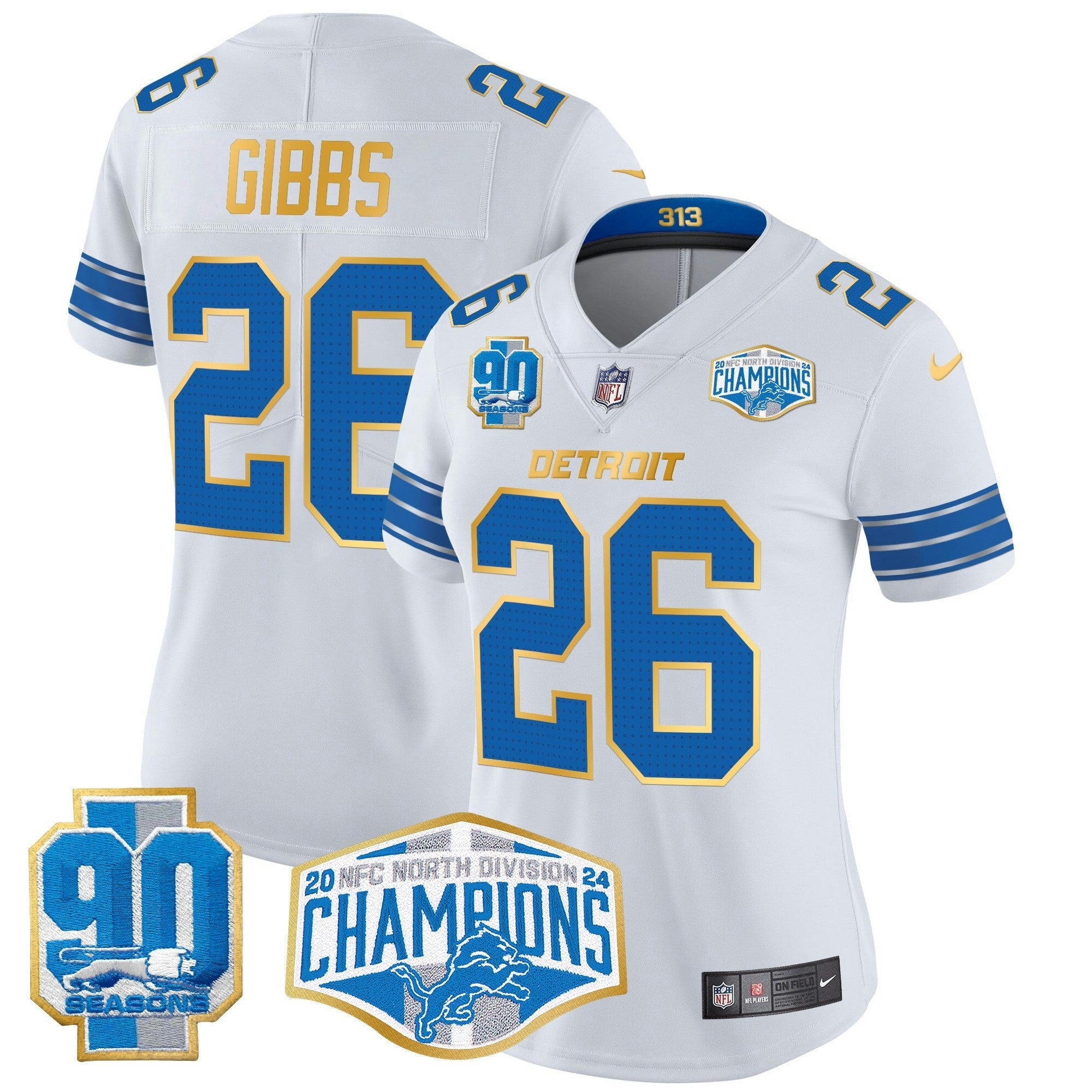 Camisa NFL Women’s Detroit 2024 NFC North Division Champions Patch Dourada Trim Vapor Limited Jersey