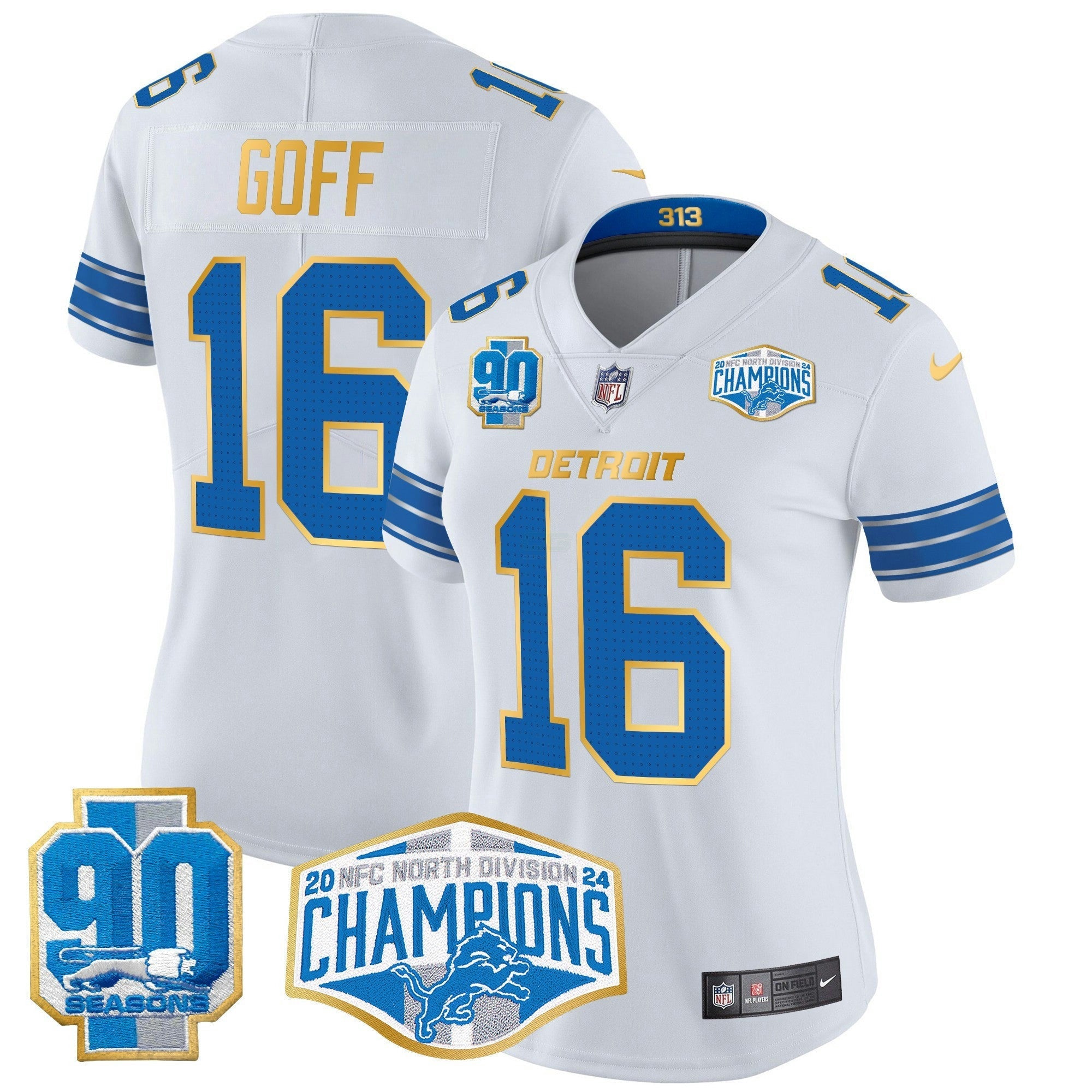 Camisa NFL Women’s Detroit 2024 NFC North Division Champions Patch Dourada Trim Vapor Limited Jersey