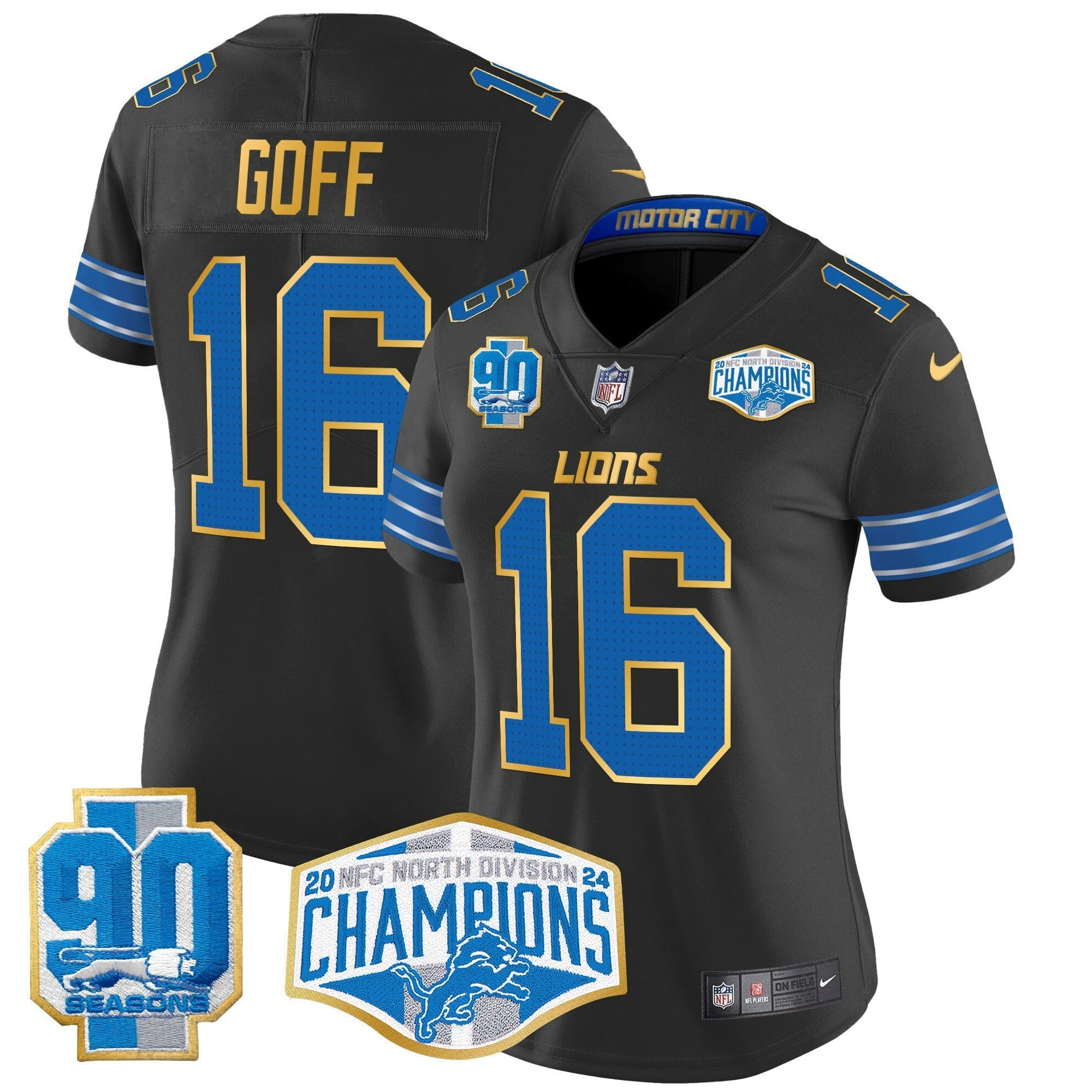 Camisa NFL Women’s Detroit 2024 NFC North Division Champions Patch Dourada Trim Vapor Limited Jersey