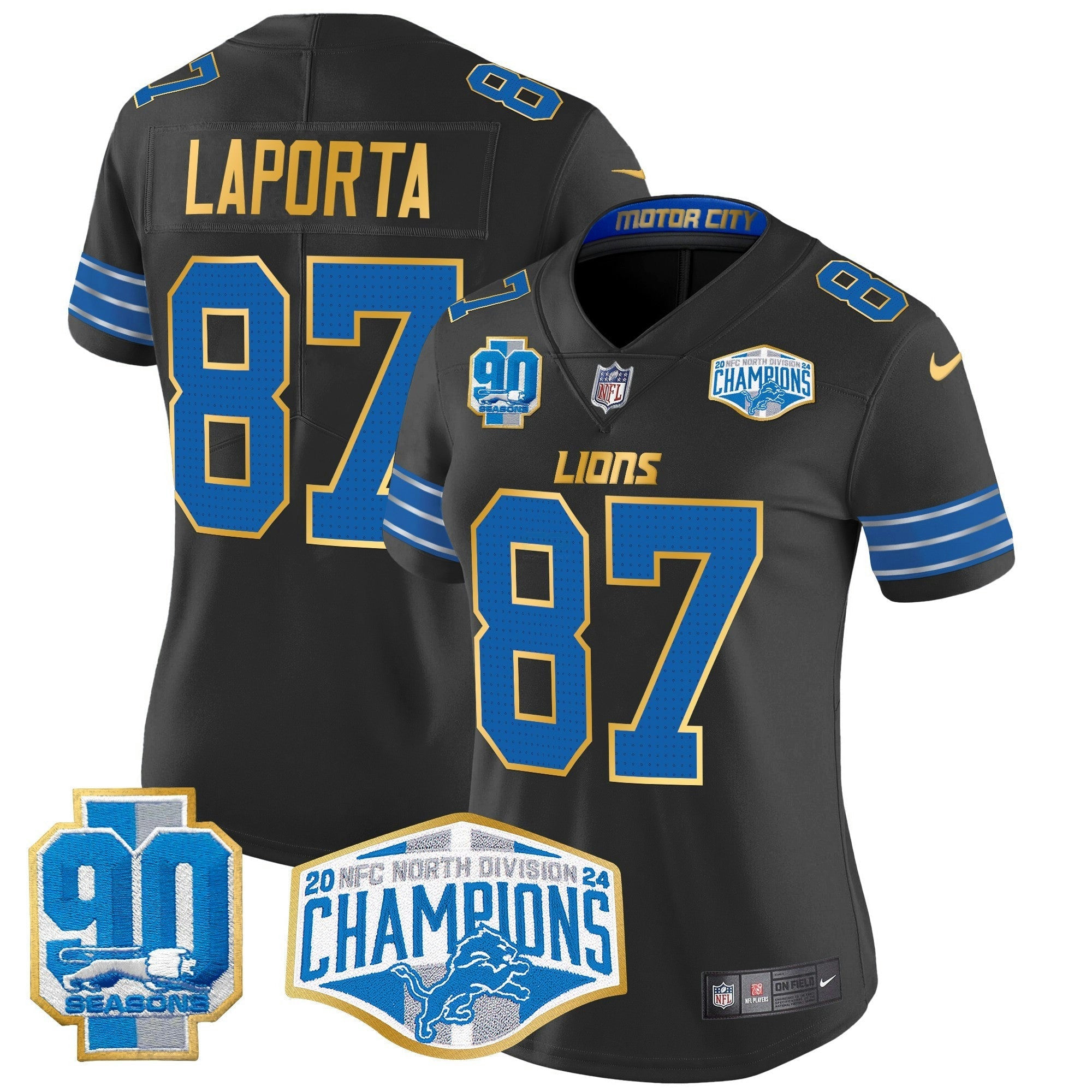 Camisa NFL Women’s Detroit 2024 NFC North Division Champions Patch Dourada Trim Vapor Limited Jersey