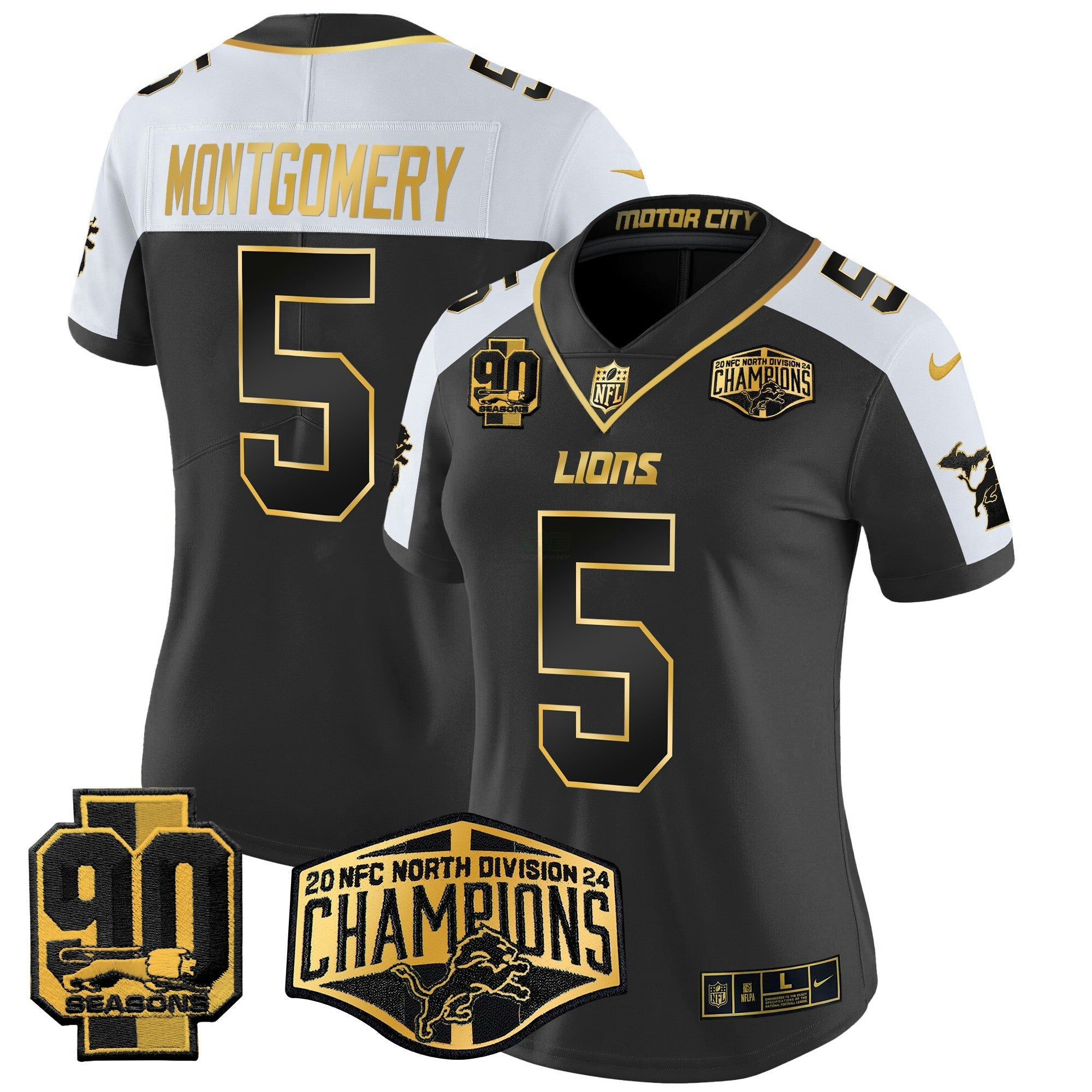 Camisa NFL Women’s Detroit 2024 NFC North Division Champions Patch Dourada Vapor Limited Jersey