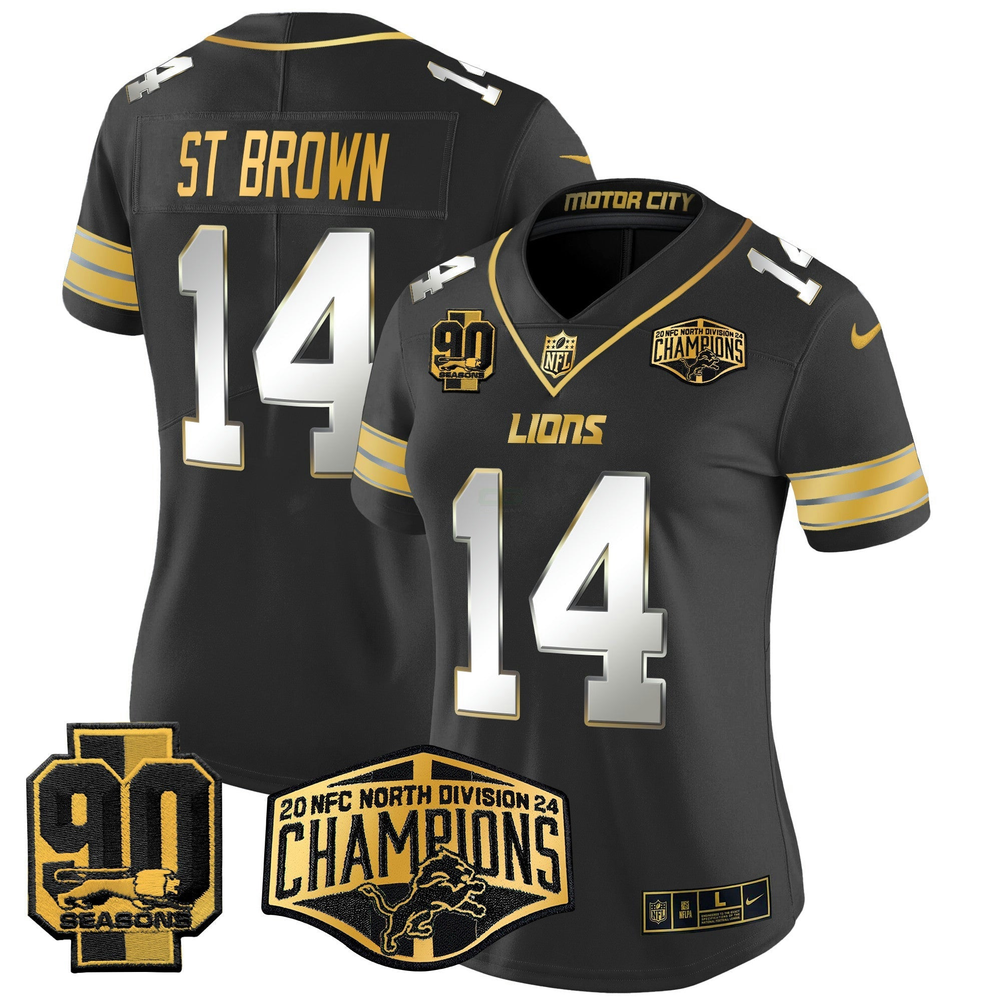 Camisa NFL Women’s Detroit 2024 NFC North Division Champions Patch Dourada Vapor Limited Jersey