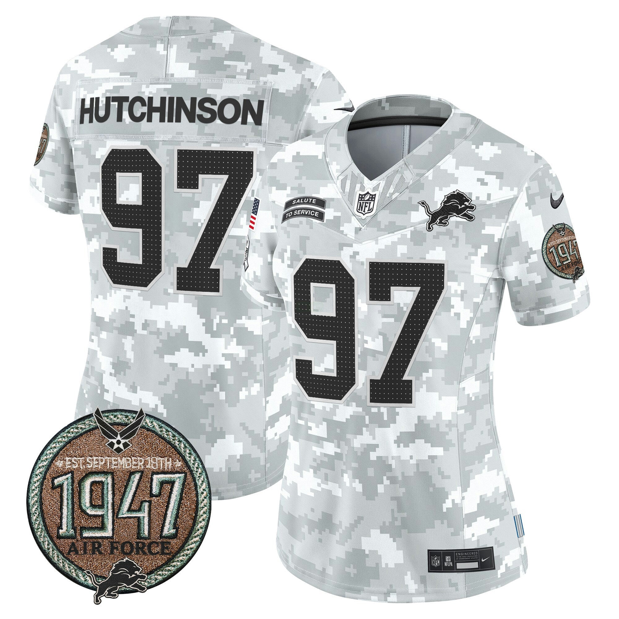 Camisa NFL Women’s Detroit 2024 Salute to Service Establishment Year Patch Vapor Limited Jersey