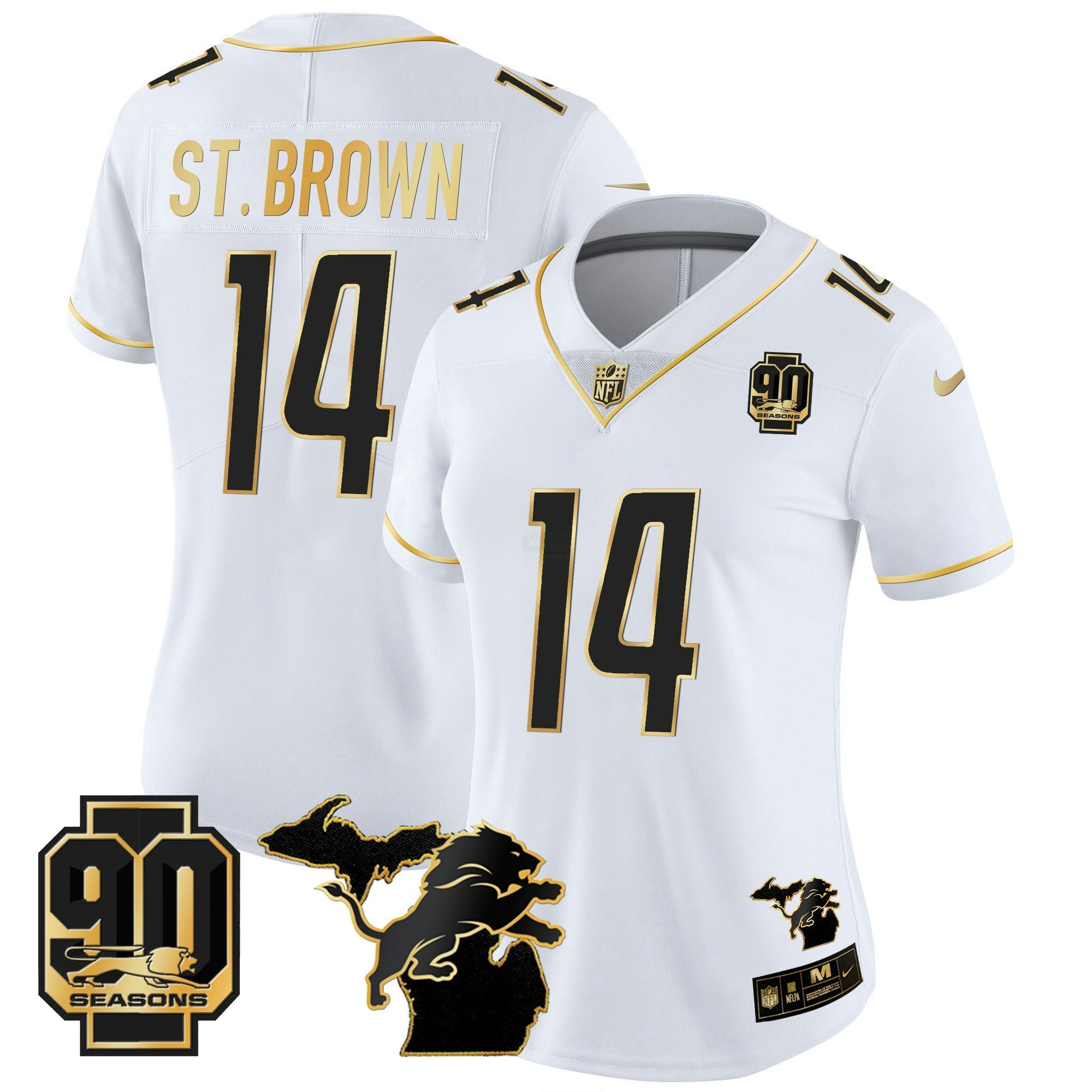 Camisa NFL Women’s Detroit 90th Year & Michigan Patch Dourada Vapor Jersey