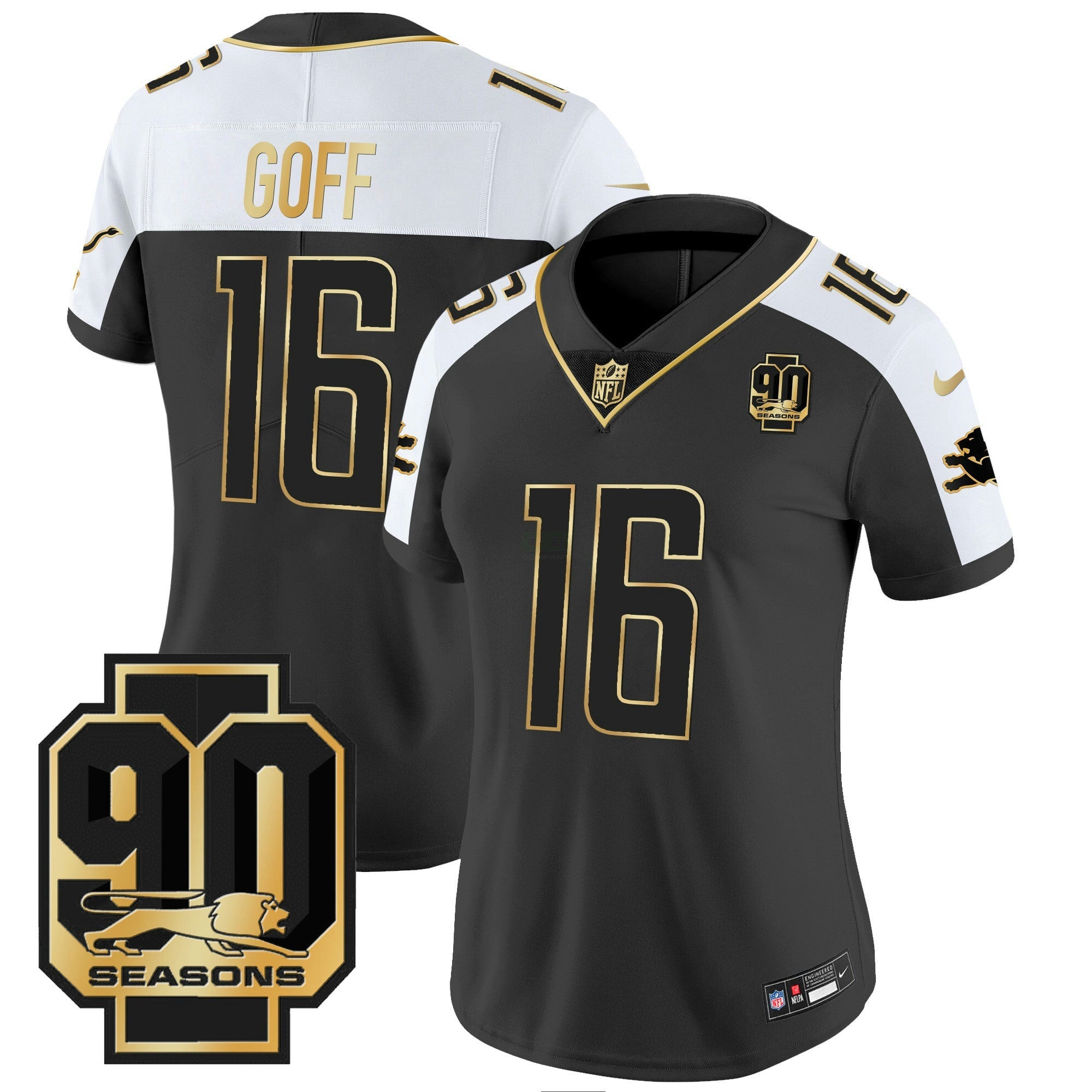 Camisa NFL Women’s Detroit 90th Year Patch Dourada Jersey
