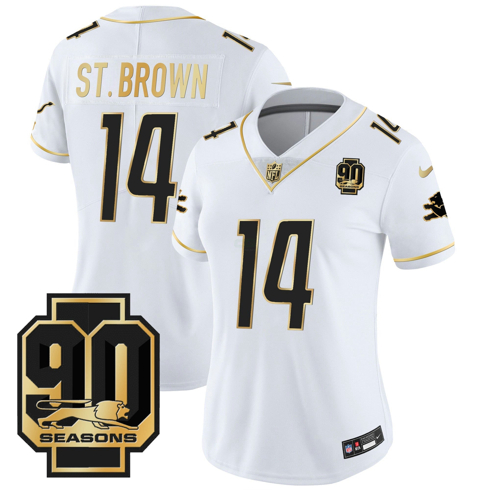 Camisa NFL Women’s Detroit 90th Year Patch Dourada Jersey