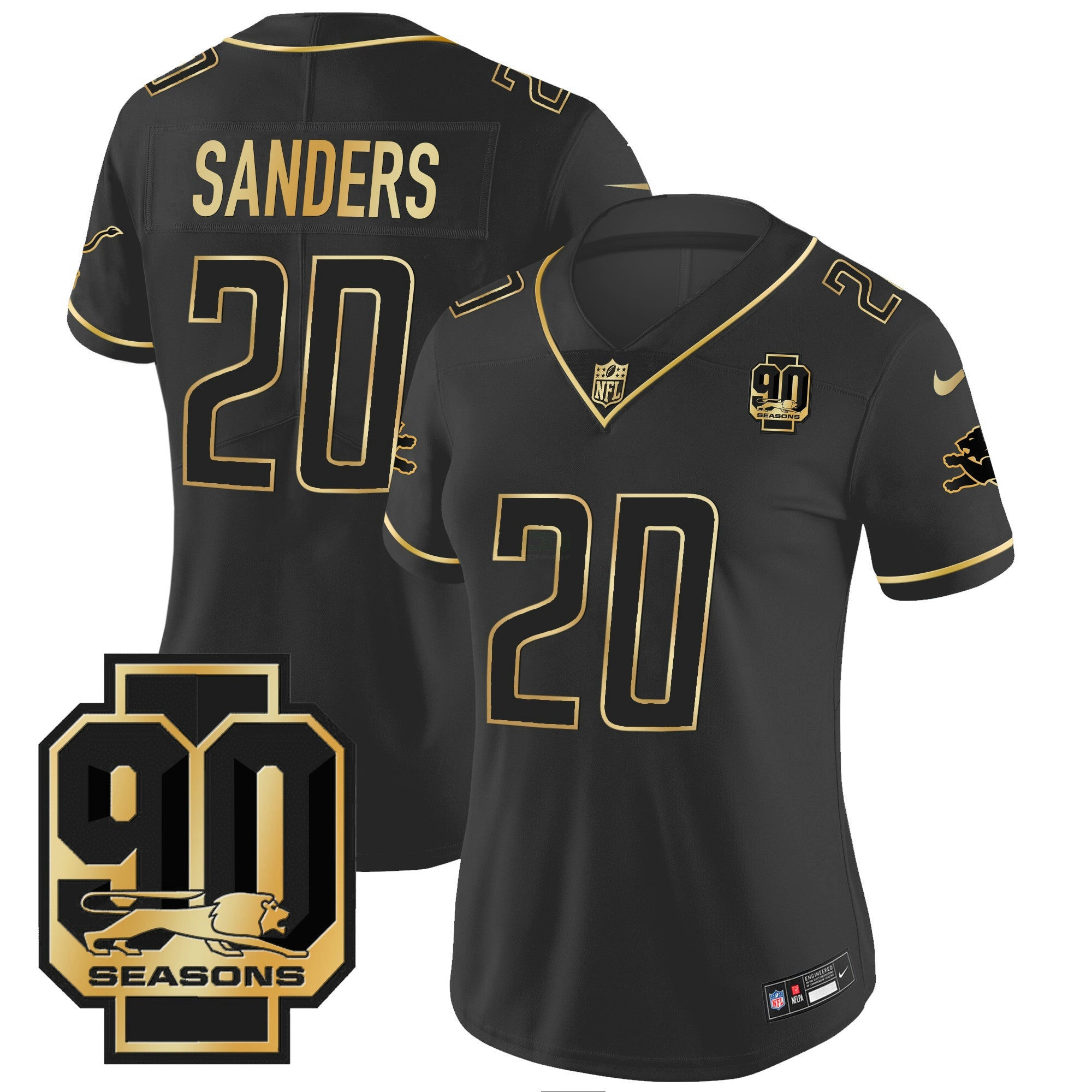 Camisa NFL Women’s Detroit 90th Year Patch Dourada Jersey